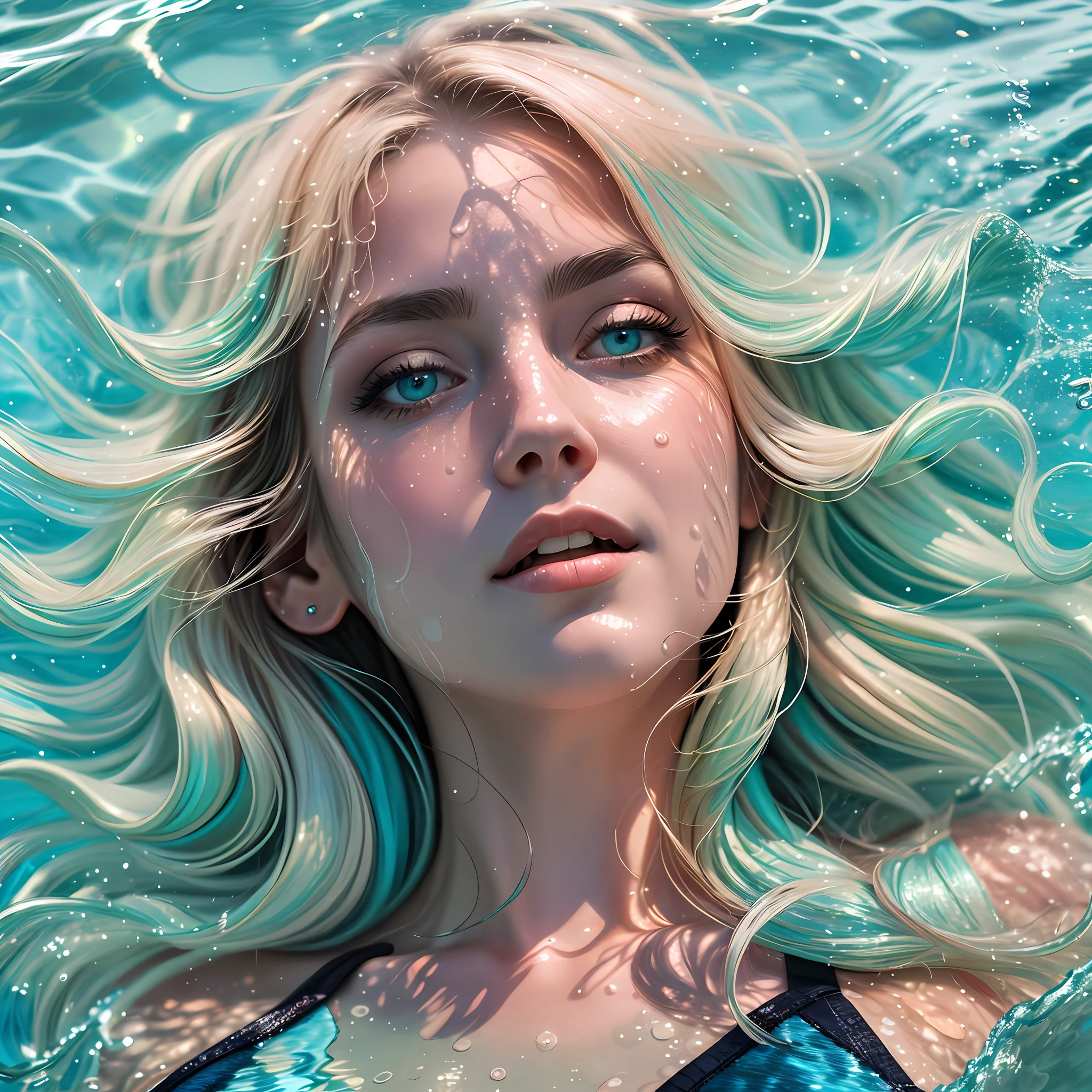 painting of a woman swimming beneath the water, in the style of realistic hyper-detailed portraits,detailed facial features, 8k resolution, teal, aqua marine, turquoise, blue and amber, metallic etherialism, eye-catching detail, blink-and-you-miss-it-detail