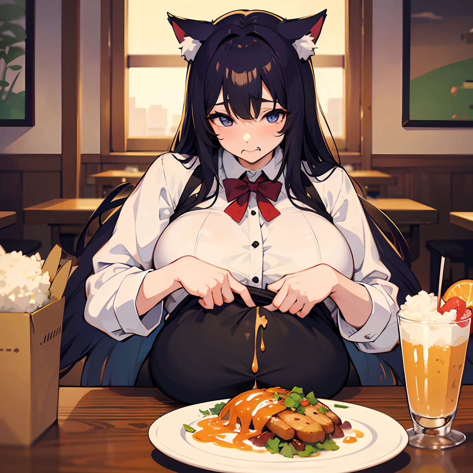 anime catgirl massive gut eating a lot of food at restaurant shirt lifted over gut and gut on table --auto