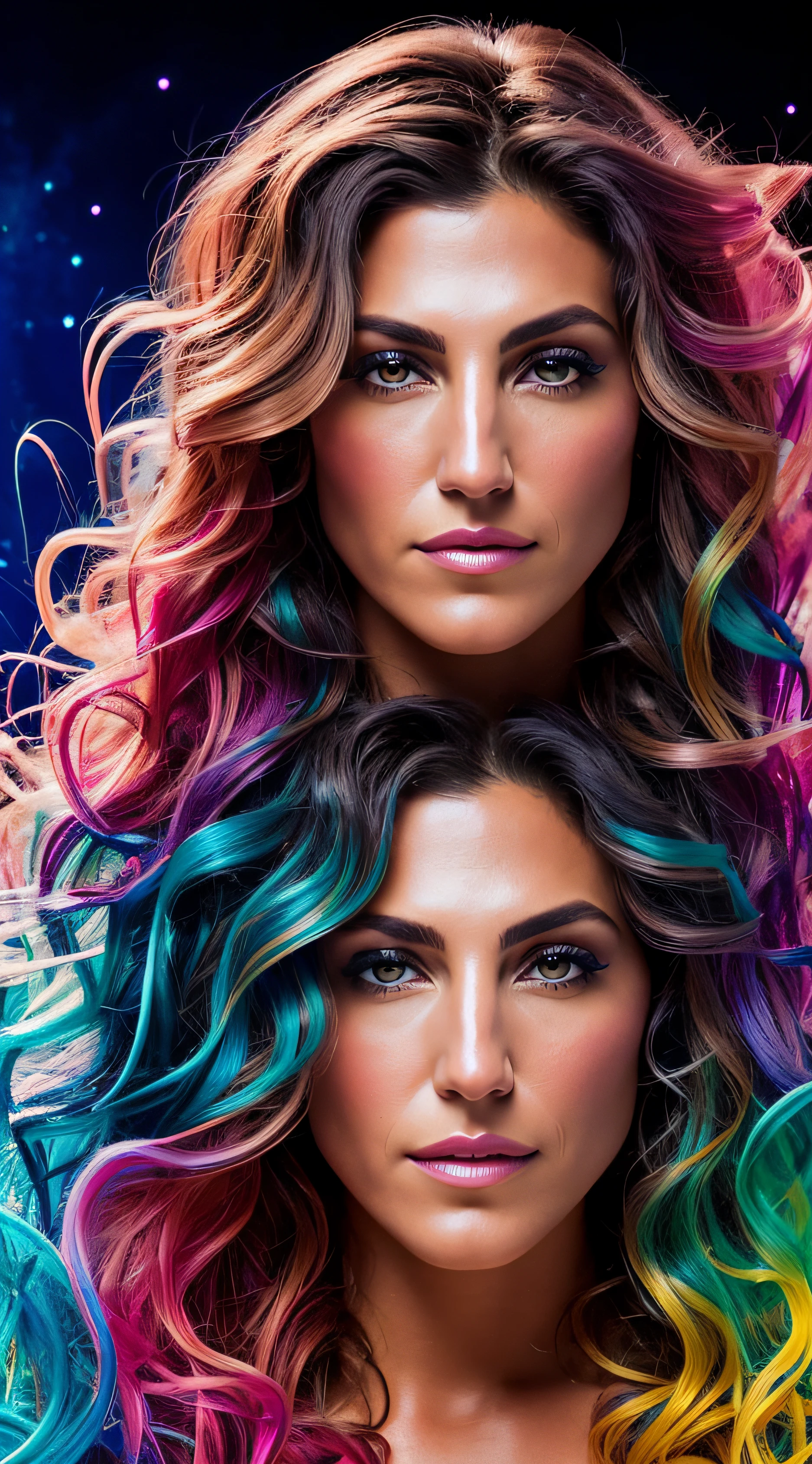 Jennifer Esposito as a wild mystique with wavy hair, metallic sheen, detailed symmetrical eyes, beautiful detailed face, anatomically correct, flawless, appearing from colored liquid oil paint, emerging from finest quality swirling ink, rainbow colors, Andrew Atroshenko style, glowing light and sparkle, and magic diamond, magic, ethereal, 8k uhd, dslr, soft lighting, high quality, film grain, Fujifilm XT3 --auto