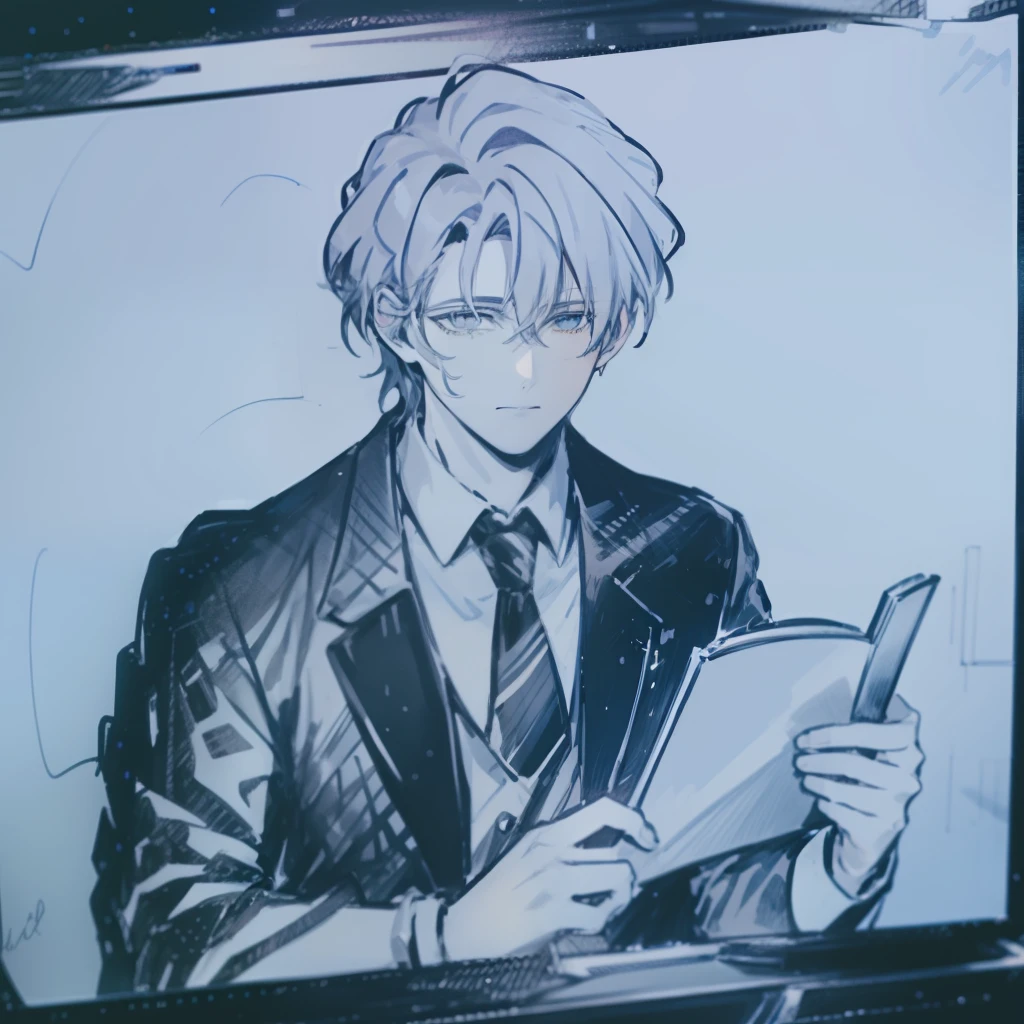 A handsome male god in his twenties，Wear a suit，Sit in a bright office and do reading sharing live broadcasts，There is a projection screen behind him，It is written on the projection screen《Tear down the walls of your mind》，Comic style