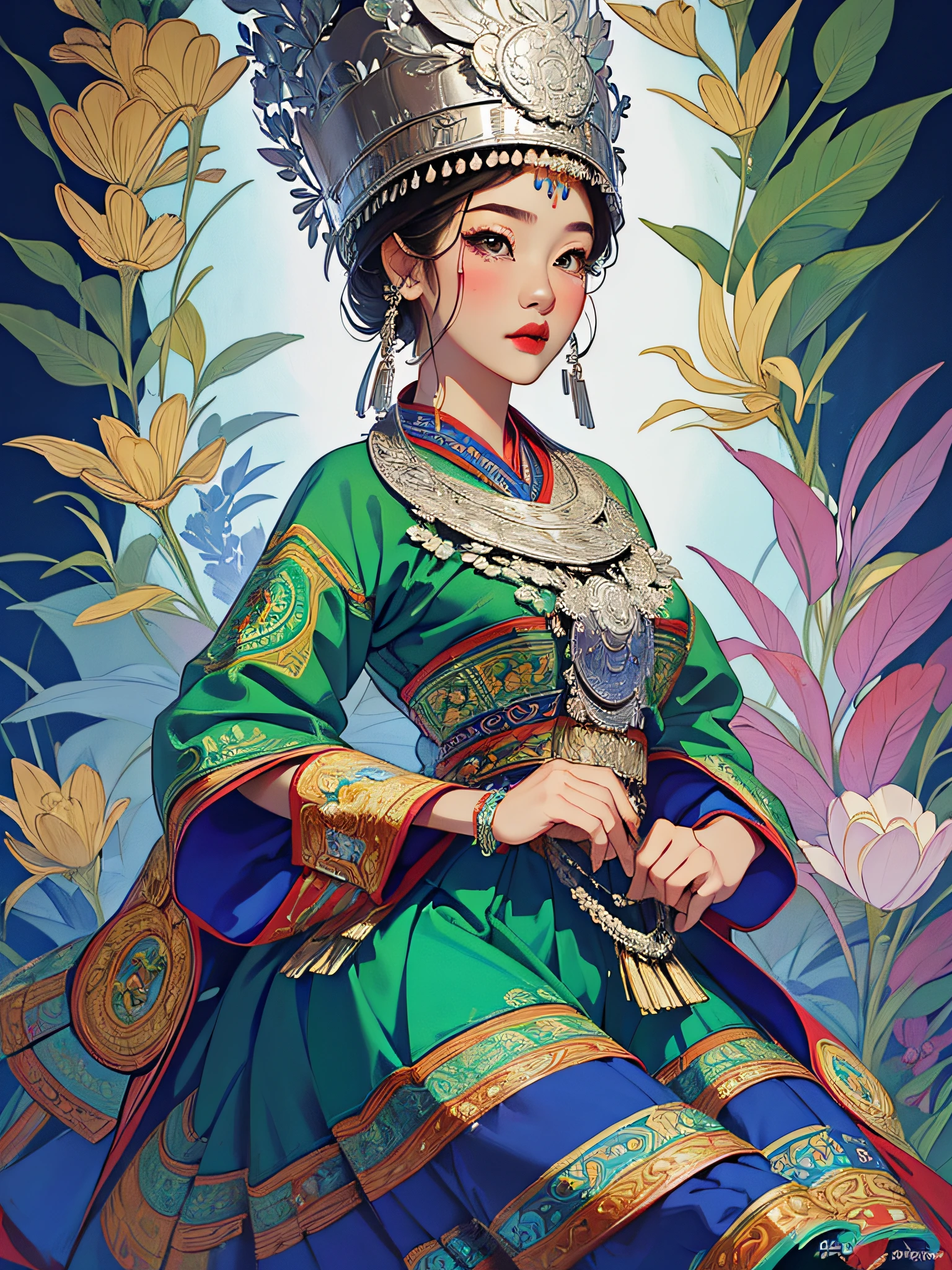 (illustration:1.3)Miao girl in Hmong costume (by Artist Anna Dittman:1), (((Masterpiece))), (((Best quality))), ((Ultra-detailed)),(Detailed light),((An extremely delicate and beautiful)), Hmong,garments、head gear、耳Nipple Ring,with a pure white background,Cutout