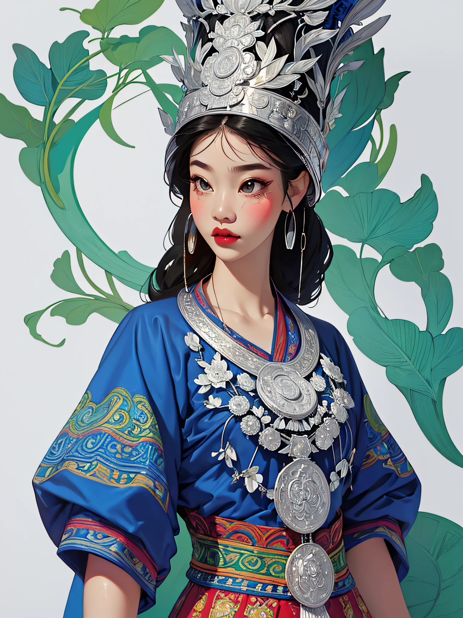 (illustration:1.3)Miao girl in Hmong costume (by Artist Anna Dittman:1), (((Masterpiece))), (((Best quality))), ((Ultra-detailed)),(Detailed light),((An extremely delicate and beautiful)), Hmong,garments、head gear、耳Nipple Ring，with a pure white background，Cutout