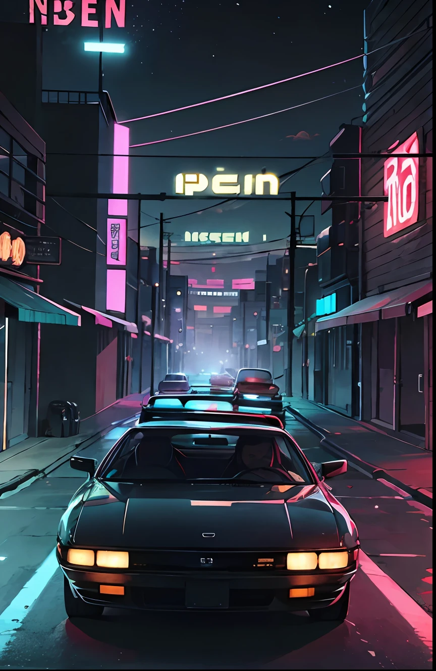 retroonda. cidade, 1985 Nissan S30, kit de corpo largo, estrada, purple neon lights, sol, montanha,
(obra-prima, detalhada, highres),