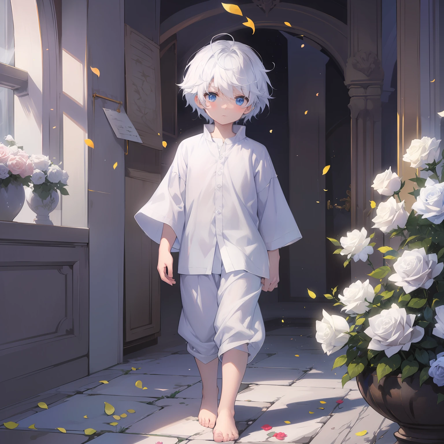 (4K),  with white hair and barefoot and white clothes, Er steht in einem Blumenfeld, which is covered with white roses, und betet, Regentag, Nebel Licht, Impressionismus, 2D, (Dornen: 1.1), (toter Baum: 1.1) Focused on feet