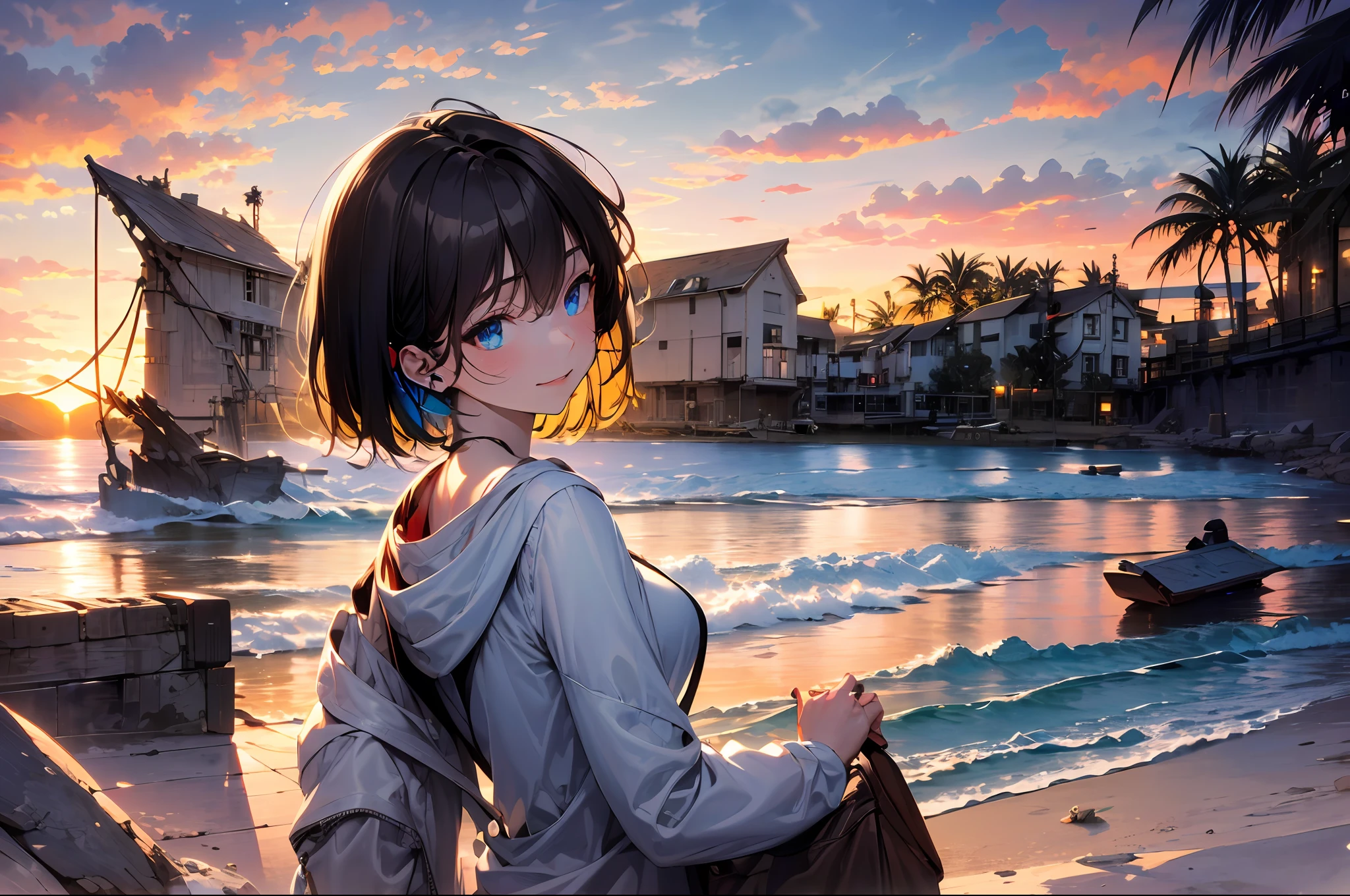 (Masterpiece,fine detailed beautiful eyes: 1.2),(Non-art line:1.2),1girll,back lit lighting,Looking back,Black hair,Bob cut,White hoodie,Earphone,sky,Sunset,beach,