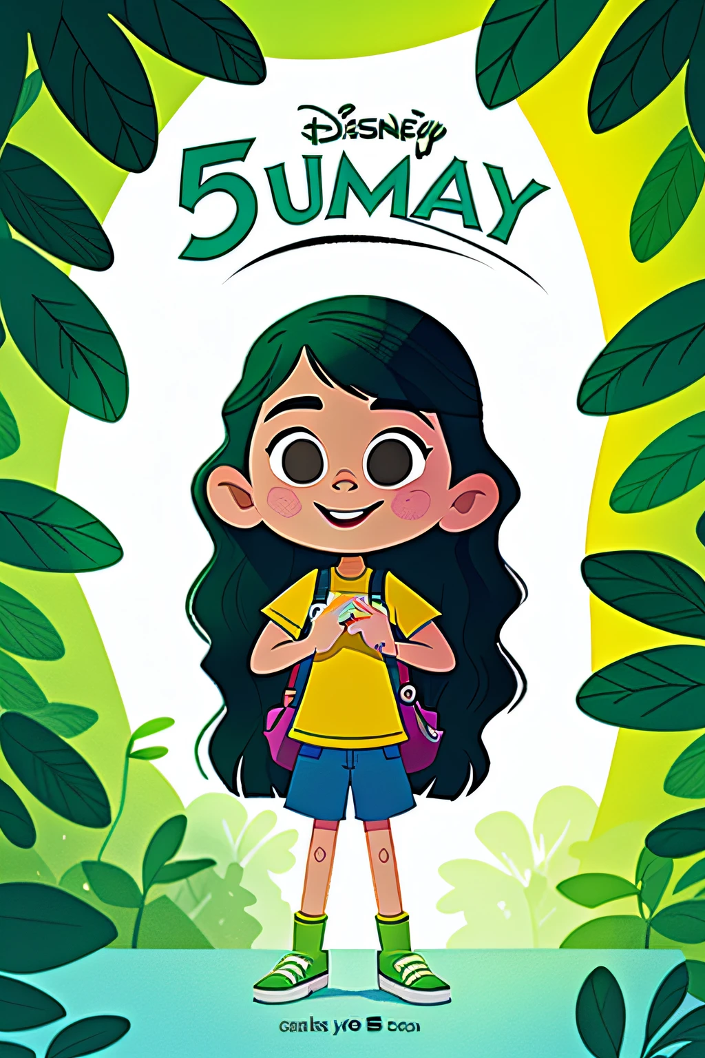 menina de 6 anos, com cabelo verde, (((Pulando))) cartoon, disney fundo branco