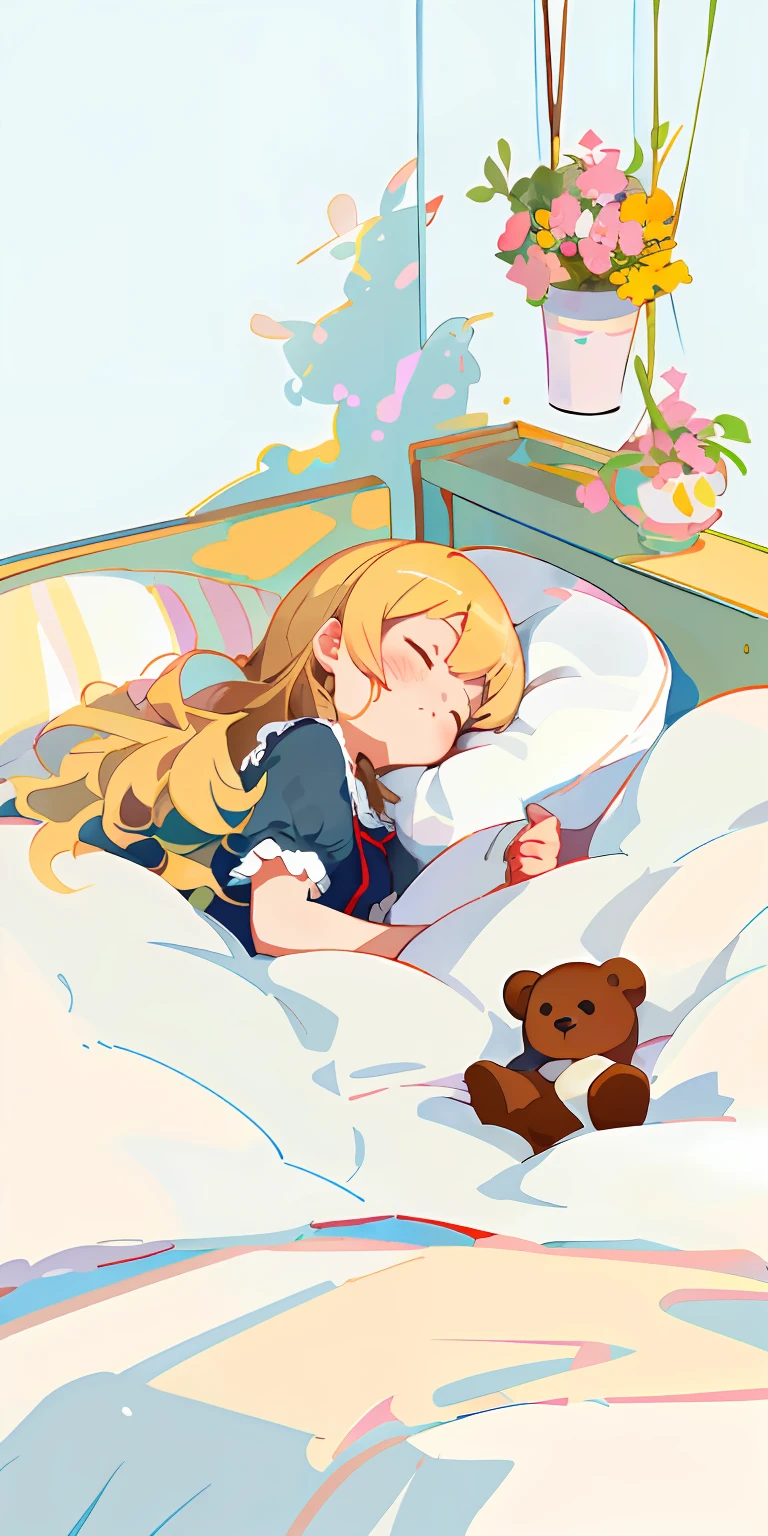 there is a girl that is laying in a bed,Holding a teddy bear in his hand, Loli, Soft anime illustration, Goldilocks, Cute:2, cute illustration, small loli gl, girl in a bed of flowers, Cute girl, sleepy feeling, goodnight, dreamlike illustration, komono, blond-haired princess, sweet dreams, Girl, laying teddy bear