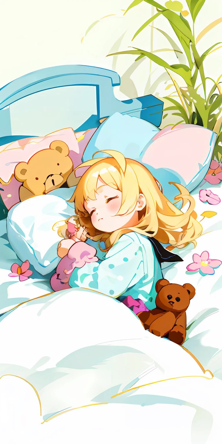 there is a little girl that is laying in a bed，Holding a teddy bear in his hand, Loli, Soft anime illustration, Goldilocks, Cute:2, cute illustration, small loli girl, girl in a bed of flowers, Cute girl, sleepy feeling, goodnight, dreamlike illustration, komono, blond-haired princess, sweet dreams, Girl, laying teddy bear