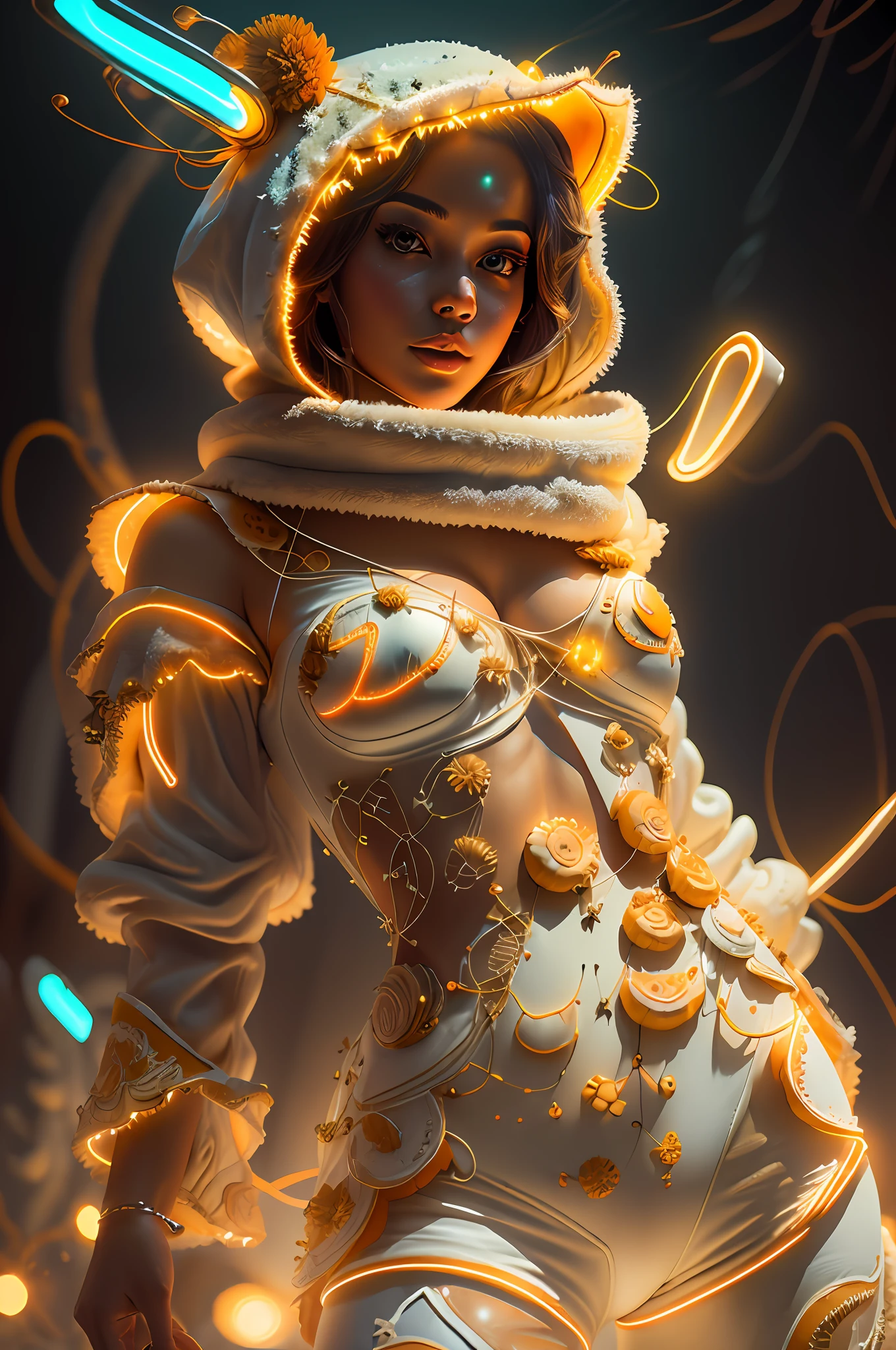 (Best Quality)), ((巨作)), ((Realistic)), (Detailed), Reflective white light: 1.5, bright orange texture: 1.3, 1 Beautiful young woman in a camel suit, sexy, From top to bottom of the shot, Lots of glowing neon mushrooms, mandala, Cinematic, sharp, Ray tracking, glow, illumination
