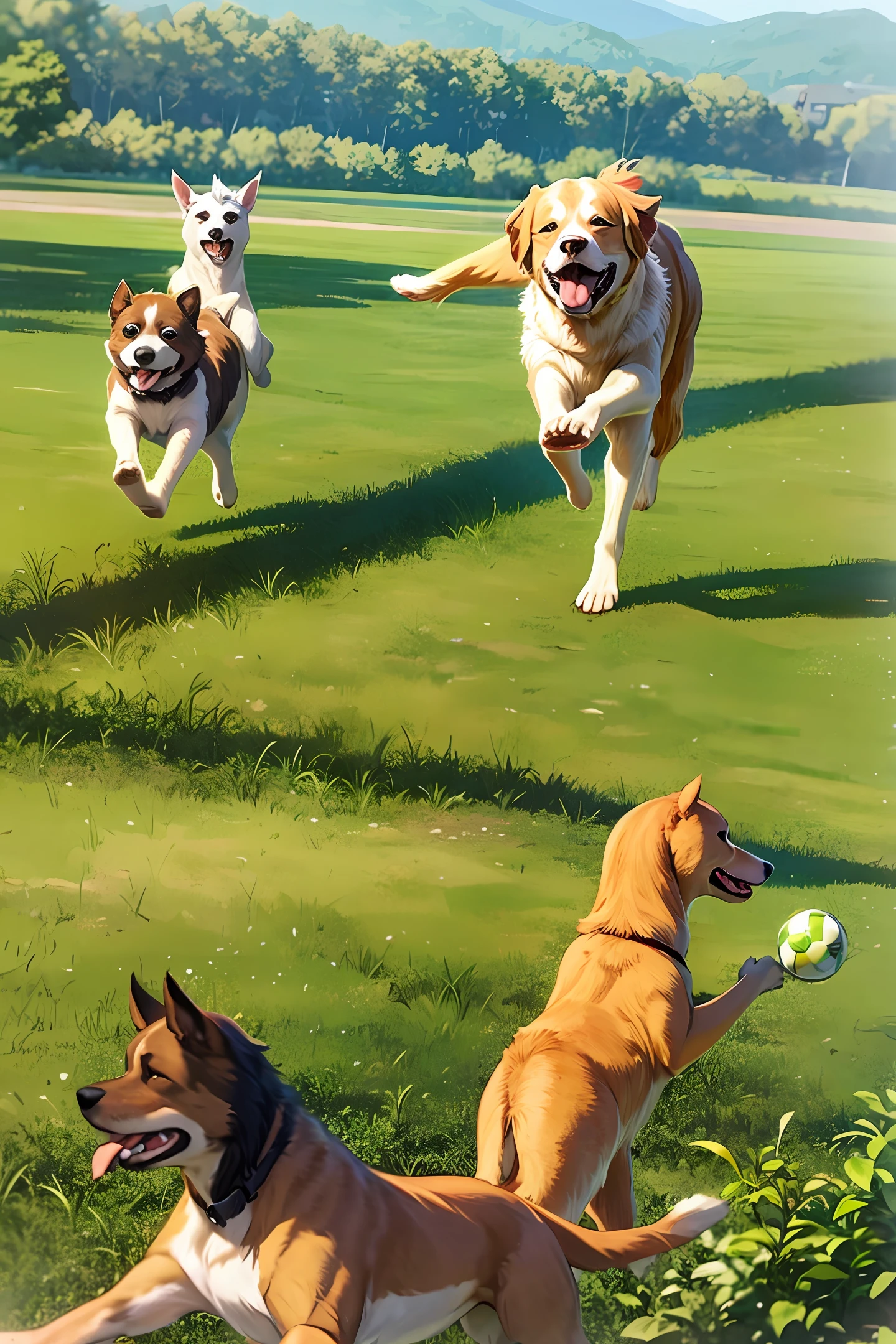 13 year old boy，Golden Retriever，being in the grassland，Joyful running，Take the frisbee