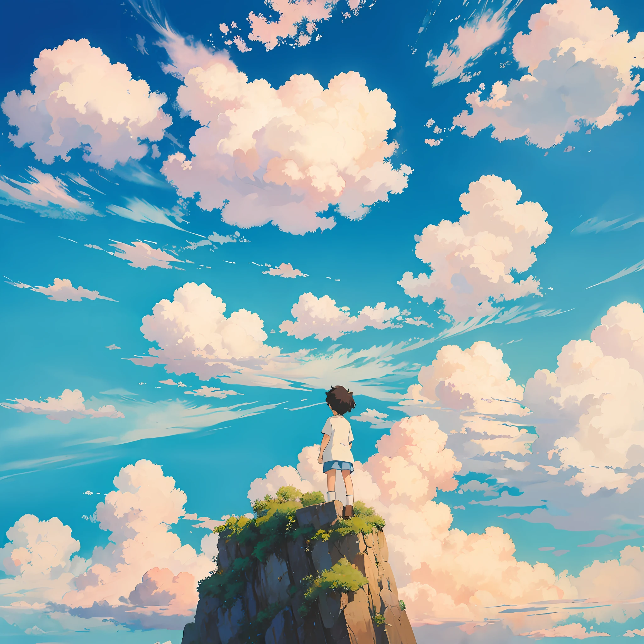 animesque、Skyscape with clouds、You can see the touch of the cloud brush、Studio Ghibli、Ghibli、Scenery、Style、 --auto