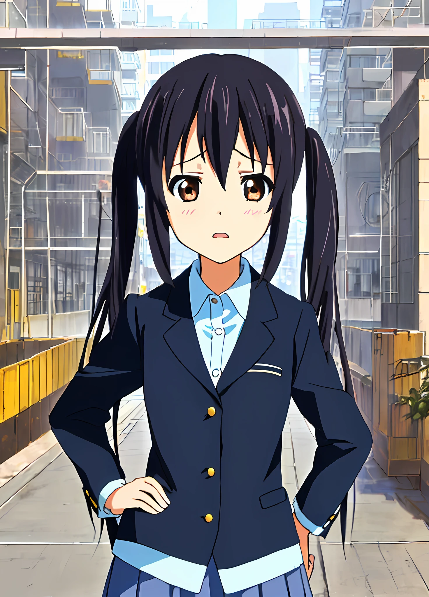 1girl, ((((Masterpiece))), Best Quality, Best Quality, High Detail, Azusa Nakano, 1girl, Sakuragaoka High School Uniform, Musical Instrument, School Uniform, Twin Tails, Long Hair, Black Hair, Brown Eyes, Solo, Red, Dark blue blazer with a thin ribbon of red, Solid white button shirt under blazer, Illustration, Cartoon, Soothing tones, Muted colors, Soft cinematic light, Adobe Lightroom, Photo Lab, HDR, complex and highly detailed, (((depth of field))))). (((Masterpiece))). (((highest quality))).) ((super detail))). (((Illustration))). (((外))).dynamic focus.small breasts. (((skyscrapers))). (((Cityscape))). (((Face of sadness))). open mouth. (((hands on hips))). (((Proud))).