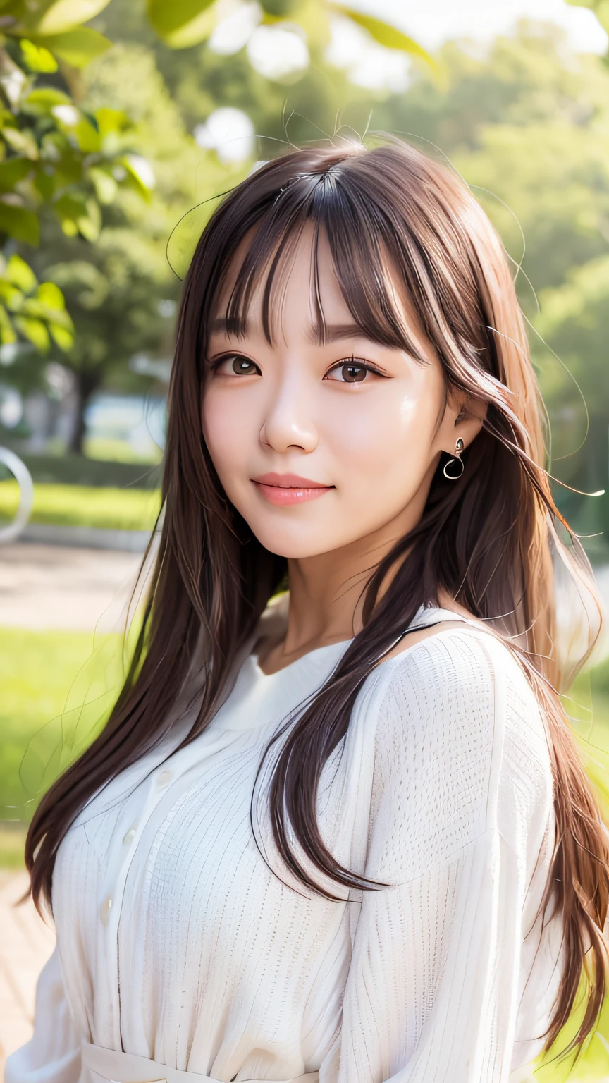 smile、White clothes、A dark-haired、a park