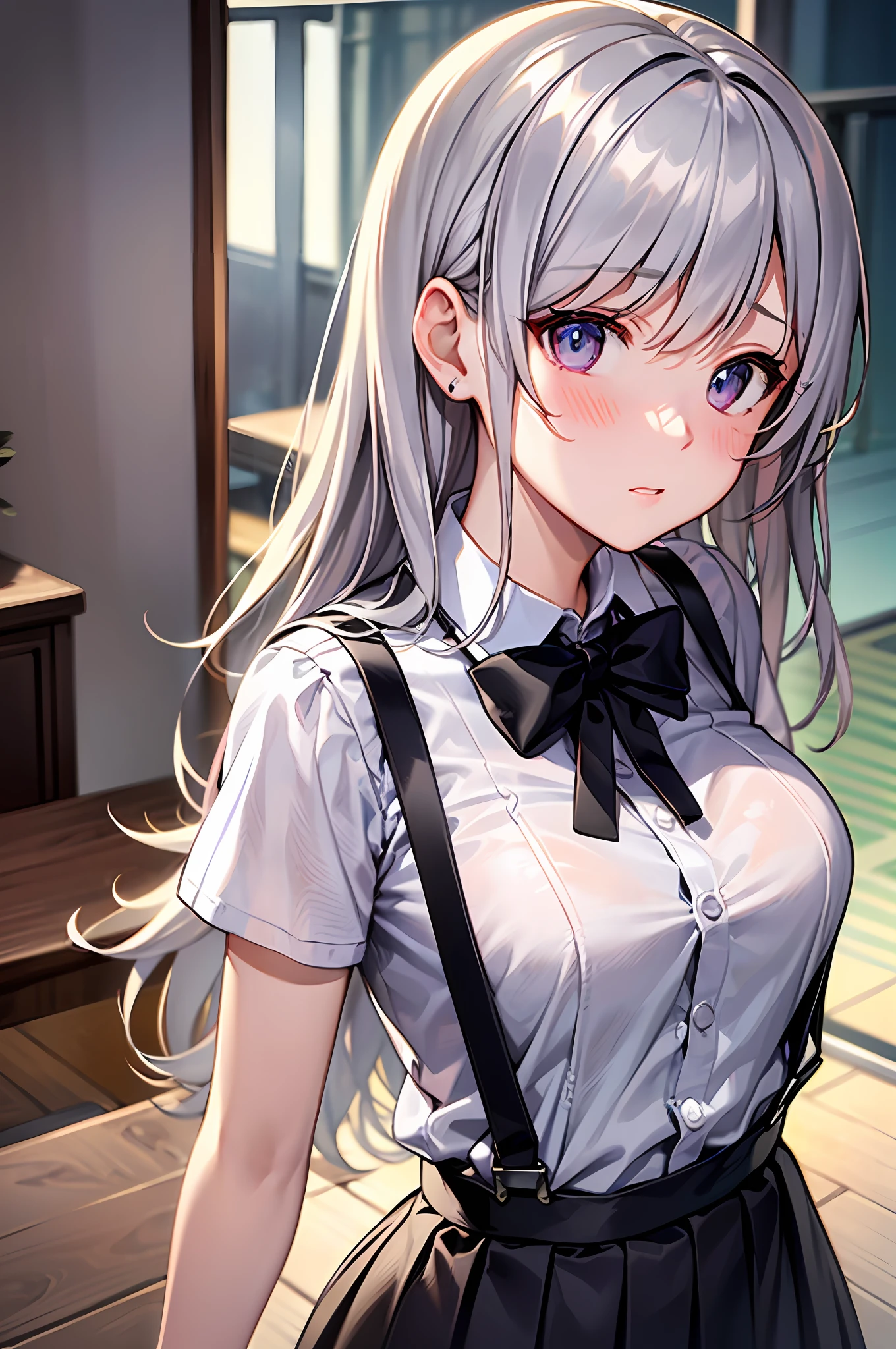 Best Quality, ultra-detailliert, very detailed illustration, silber hair, Aimei, embarrassed from,breastsout,((Suspender Skirt)),red blush,Black tie,Be undress,suspenders、skirt by the、casual clothing