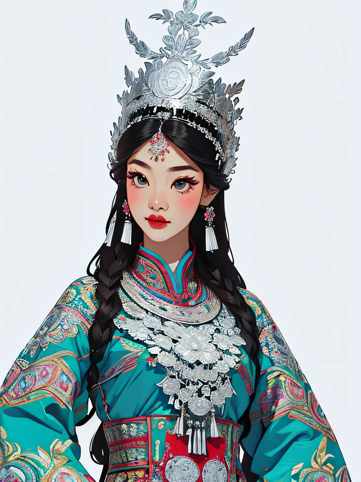 (illustration:1.3)Hmong girls wearing Hmong costumes (by Artist Anna Dittman:1), (((Masterpiece))), (((Best quality))), ((Ultra-detailed)),(Detailed light),((An extremely delicate and beautiful)), Hmong,garments、head gear、耳Nipple Ring，with a pure white background，Cutout