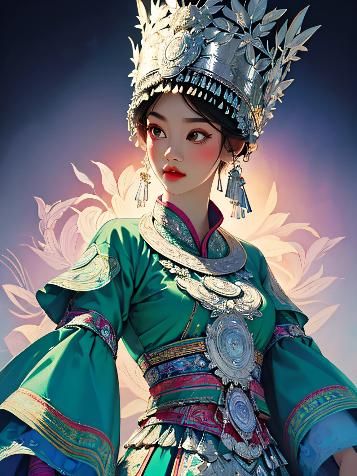 (illustration:1.3)Hmong girls wearing Hmong costumes (by Artist Anna Dittman:1), (((Masterpiece))), (((Best quality))), ((Ultra-detailed)),(Detailed light),((An extremely delicate and beautiful)), Hmong,garments、head gear、耳Nipple Ring，with a pure white background，Cutout