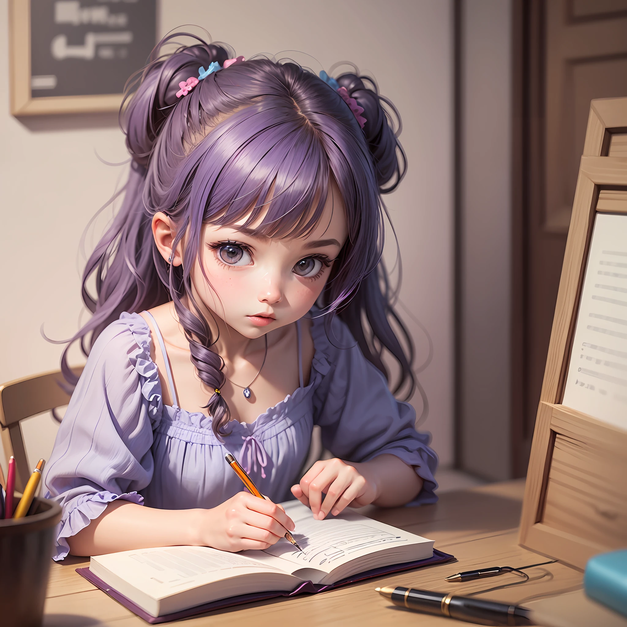an illustration of a chibi-style girl in lilac and blue dress, nice with a notebook on the table, full length, rendered by Pixar on plain white background, 16k, highly rendered, nursery art --auto --s2