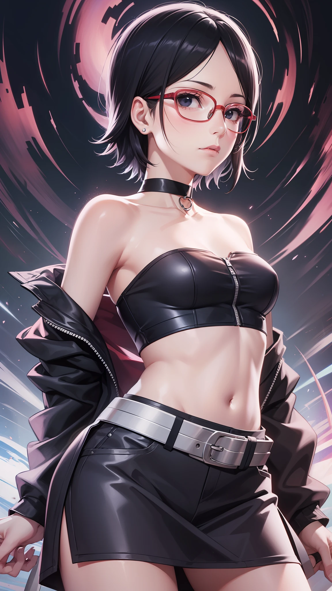 ((Matserpiece)), best quality, highres, Sarada, age up, mature, adult, time skip, sort hair, thin glasses, bare shoulder, black jacket, tube top, black tube top, simple back grounr, sexy pose, black eyes, black hair, close up, earing, collarbone, uchiha symbol earing, very short hair, tomboy hair, tomboy, long tube top, choker, (boruto two blue vortex), half body, belt, skirt,