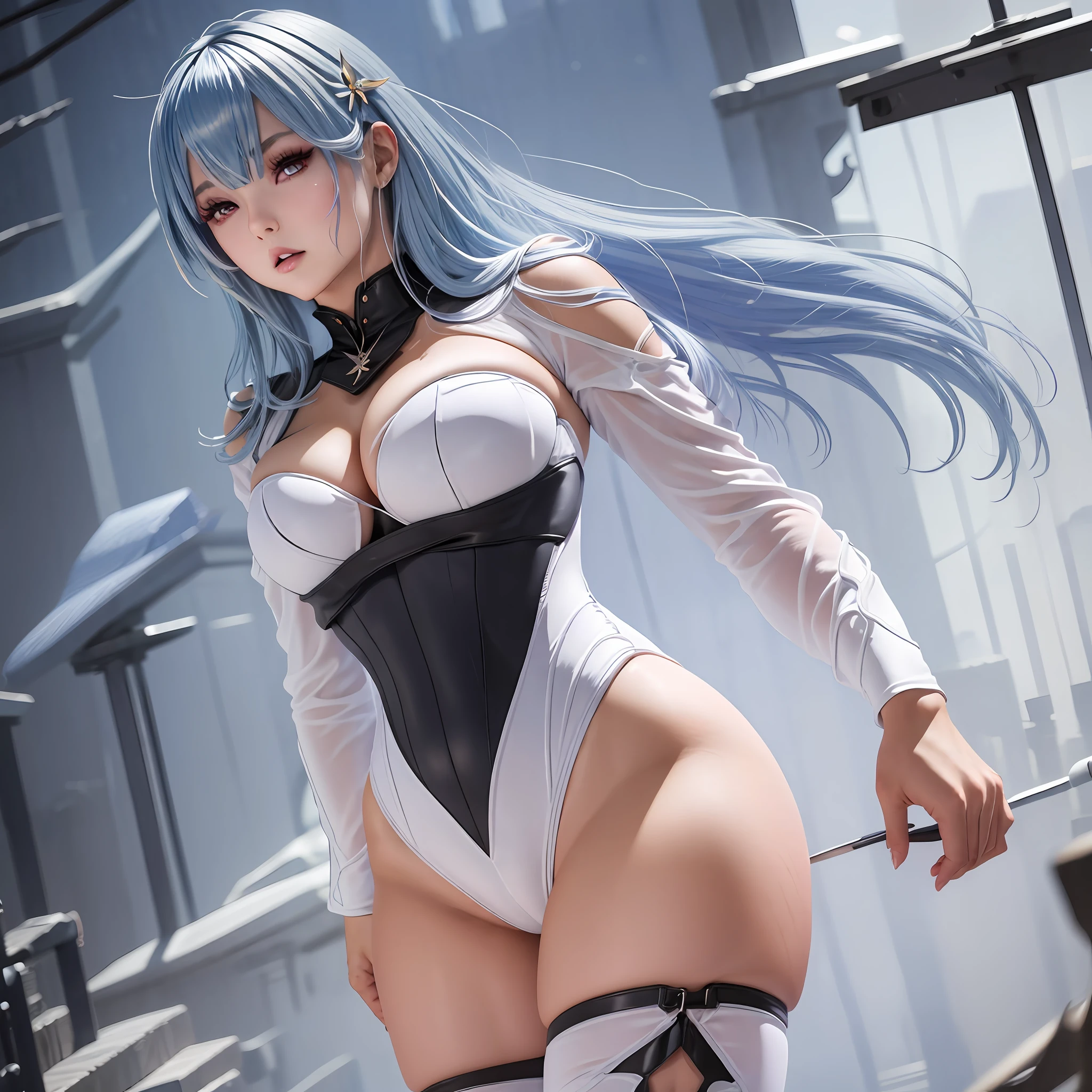 obra-prima, highes definition, alta qualidade, rosto detalhado, Detailed body rendering, 1girl, solo, hyuga hinata, uniforme militar, dentro do banheiro, pose de coelho, coelhinho playboy leotard, orelhas de coelho, Dark lips, no-bra, seios para fora, roupas abertas, bodystocking, perna transparente, coxa abertas, seios grandes, peito baixo, segurando seios, rosto sexy, meia-corpo, deitada, pernas abertas.