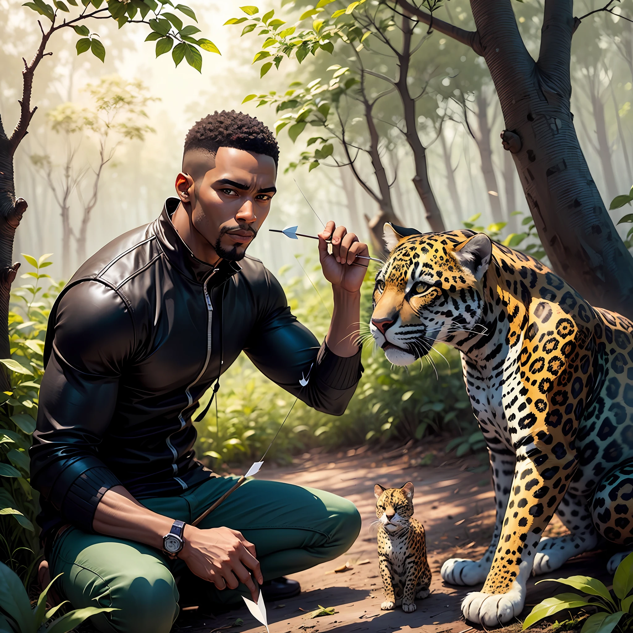 Draw a picture of a black man with an arrow in his hand next to a jaguar and in the bush --auto