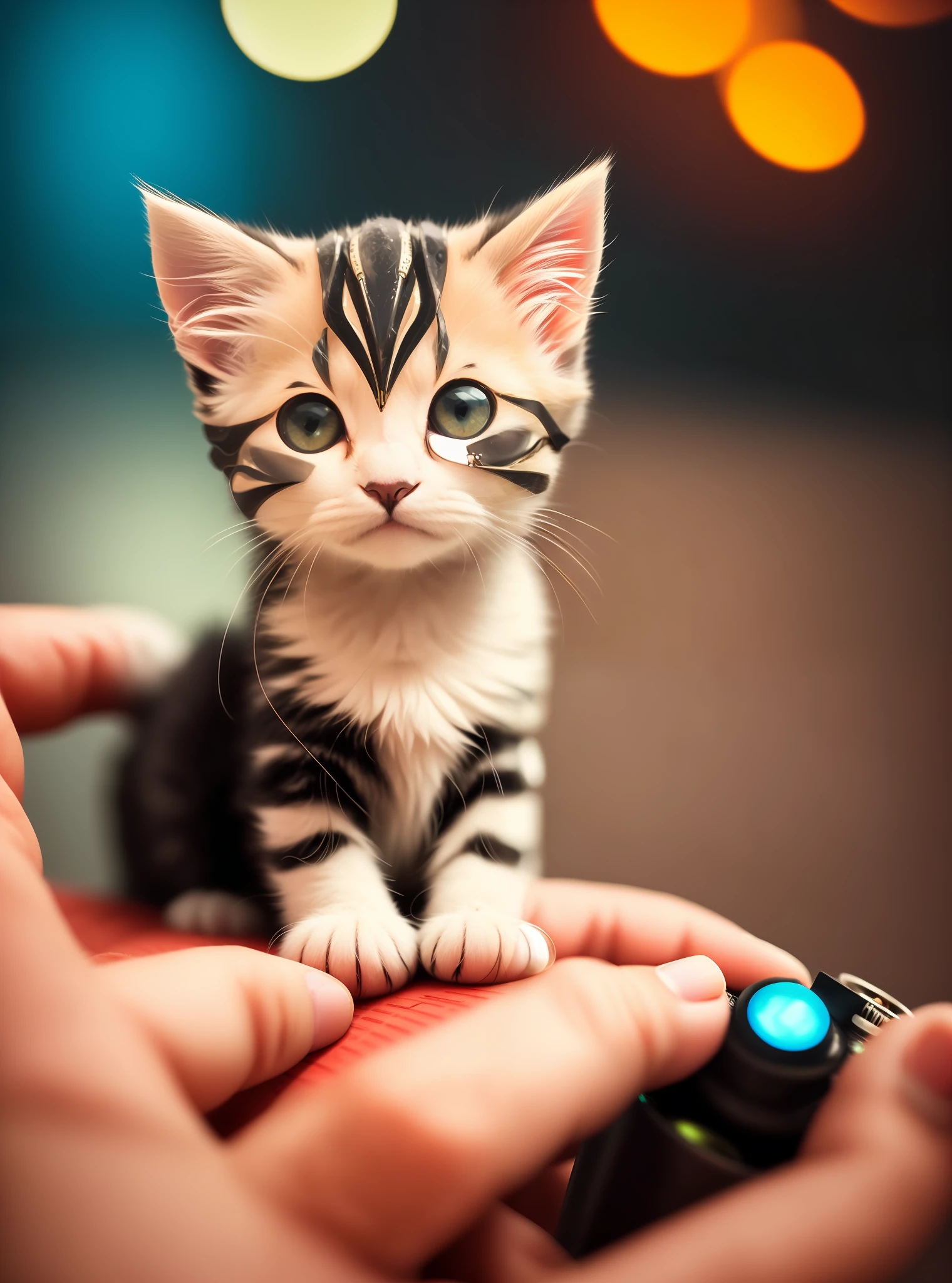 a cute fluffy kitten made out of metal, cyborg, cyberpunk style, clockwork, ((intricate details)), hdr, big eyes, ((intricate details, hyperdetailed)), vacuum tube or electron tube, cinematic shot, vignette, bokeh effect beckground, on the hand