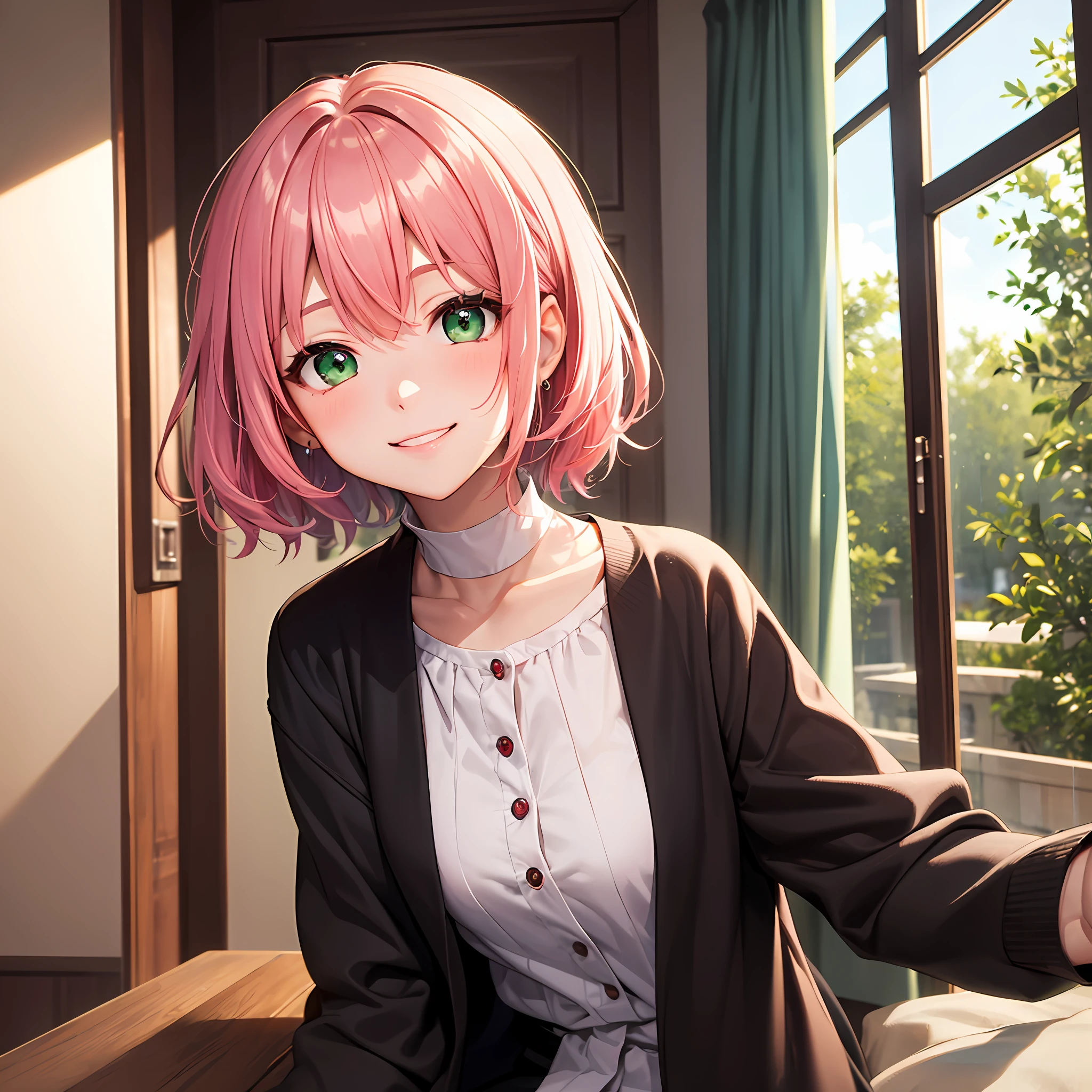 masterpiece, best quality, dynamic range, bokeh, indoors, short hair, pink hair, green eyes, looking at viewer, smile, anime