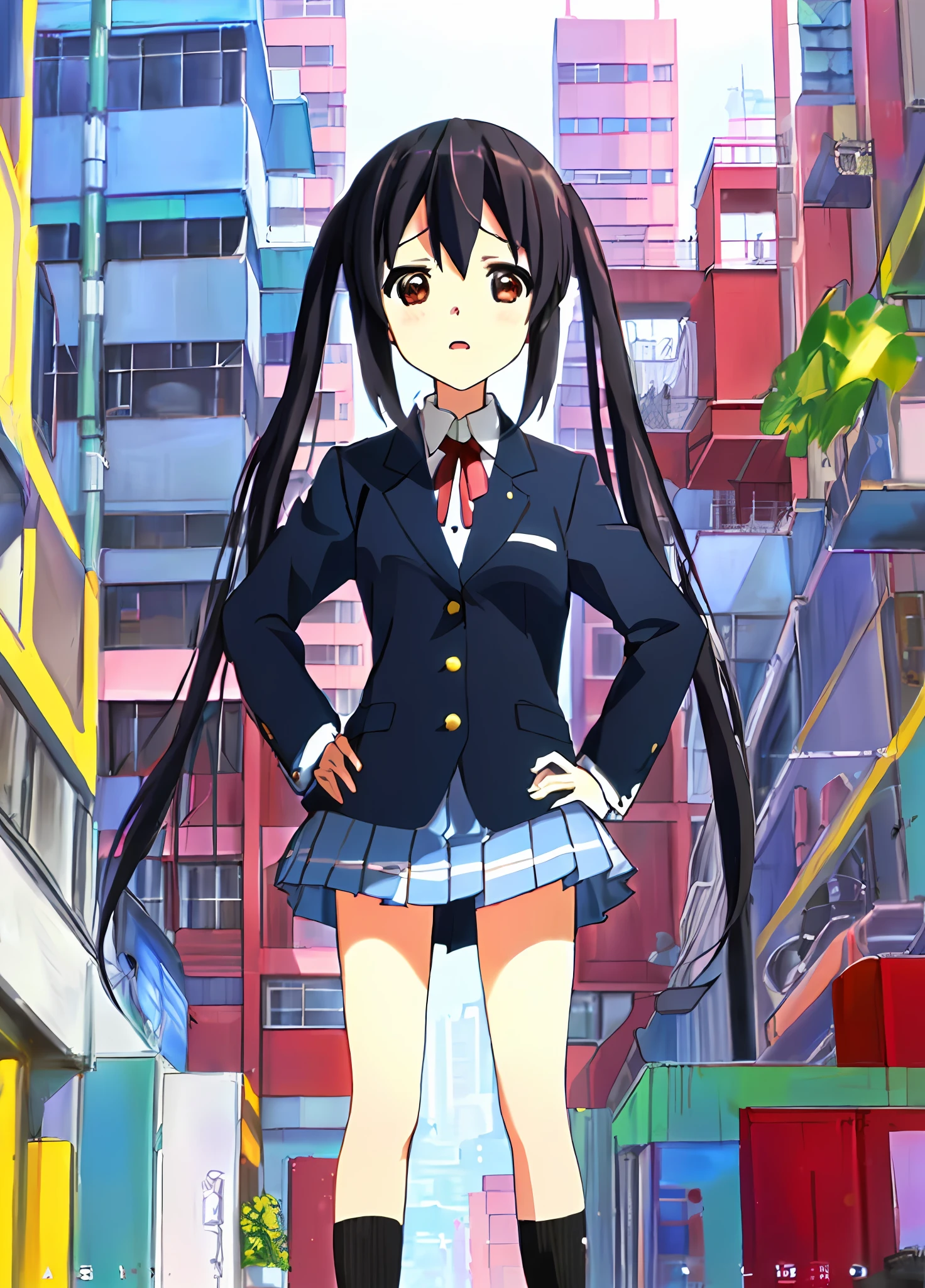 1girl, ((((Masterpiece))), Best Quality, Best Quality, High Detail, Azusa Nakano, 1girl, Sakuragaoka High School Uniform, Musical Instrument, School Uniform, Twin Tails, Long Hair, Black Hair, Brown Eyes, Solo, Red, Dark blue blazer with a thin ribbon of red, Solid white button shirt under blazer, Illustration, Cartoon, Soothing tones, Muted colors, Soft cinematic light, Adobe Lightroom, Photo Lab, HDR, complex and highly detailed, (((depth of field))))). (((Masterpiece))). (((highest quality))).) ((super detail))). (((Illustration))). (((外))).dynamic focus.small breasts. (((skyscrapers))). (((Cityscape))). (((Face of sadness))). open mouth. (((hands on hips))). (((Proud))).