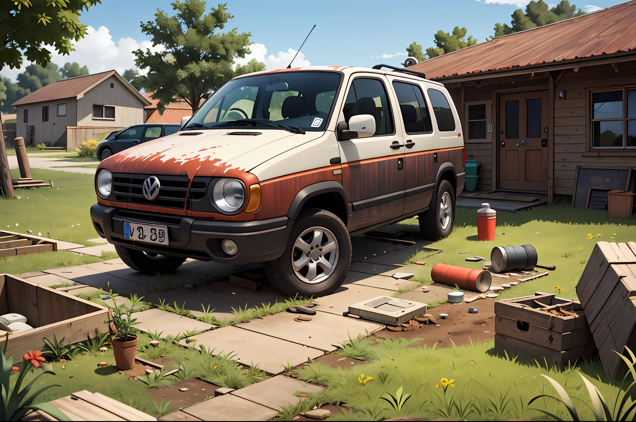 The courtyard of the family home features the presence of an old Volkswagen California. abandoned T1 model, Over time，It clearly lacks care and maintenance. This VW is parked in the backyard of the house, occupying a significant portion of the space.
Their appearance shows obvious signs of abandonment. The paint has faded and peeled in many places, revealing rust stains and worn areas on its bodywork.

The windows were dirty，It is covered with dust, which makes it difficult to see from the outside. Some windows are broken or missing, and covered with makeshift plastic or wood sheets to protect the interior of the vehicle.

The exterior of the VW shows noticeable wear, with rust stains, The paint peels，Parts may be missing or damaged, such as mirrors or lights. The wheels are deflated and covered with dirt, giving the impression that the vehicle has been parked in the same place for a long period of time.

The area surrounding the VW is messy and neglected, with weeds or weeds growing around. There may be debris or abandoned items near the vehicle, contributing to a sense of abandonment and inattention in that yard space.