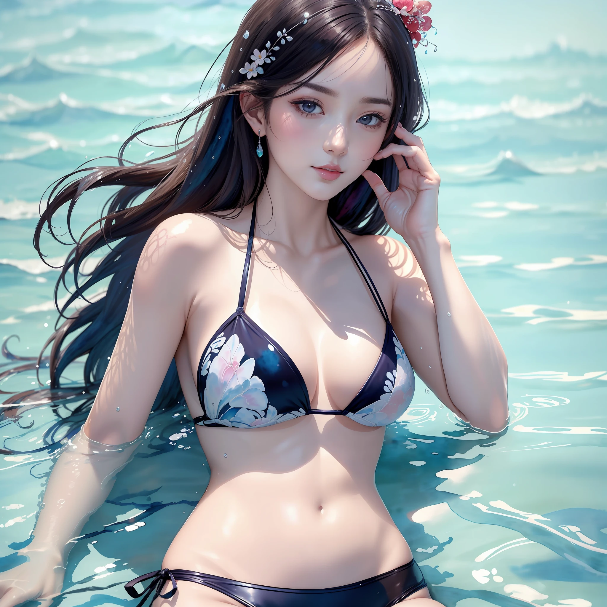 (​masterpiece:1.2、top-quality)、(extra detailed face、Actual image、real looking skin、Realistic body、intricate detailes)、独奏、1 milf、rcasual、ukiyoe painting、(aquarelle:1.3)、花魁、swim wears --auto