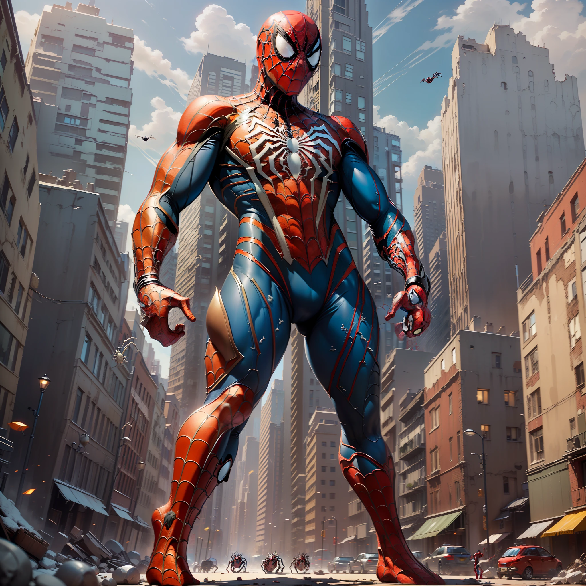 (Masterpiece, Superb Quality, Super Detailed, High Resolution), Male Focus, (((Spider-Man)), (Muscular Man)))), (((Muscle Detail))), (((Spider-Man Armor))), (Standing, Fisting), Posing for Photos, City Ruins, Background Details, (((Full Body))), ((((Spider-Man Mega Sense))