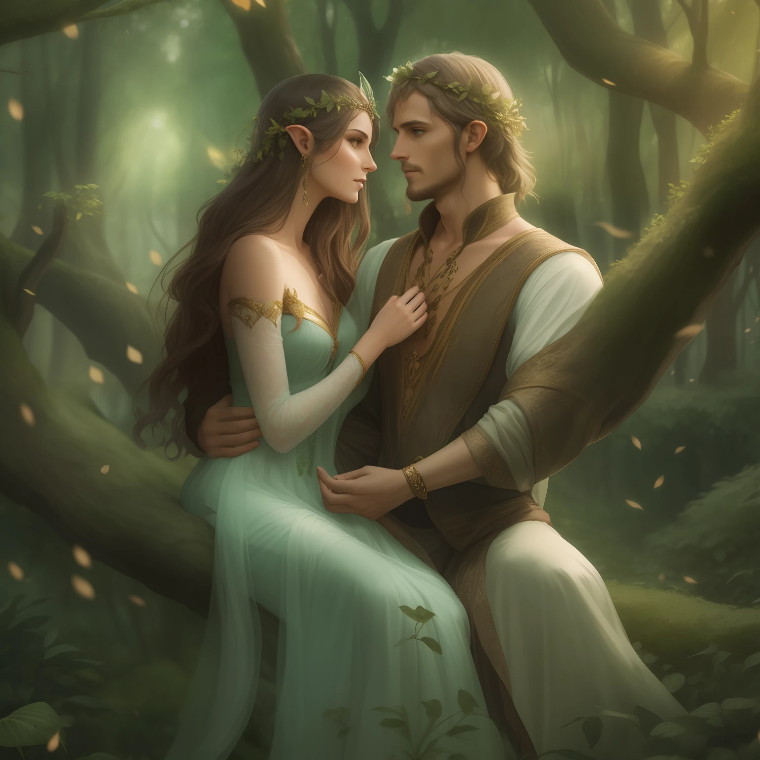 "beautiful ethereal elven woman enchanted by affectionate connection with handsome human man in enchanted forest"