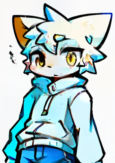 catss，White hair and blonde eyes，Blue and white coat color，adolable，theelementoffire，vivaciousness，Libido boy，underage,Casual sweatshirt，Lively and cute water drop temperament，shorter pants