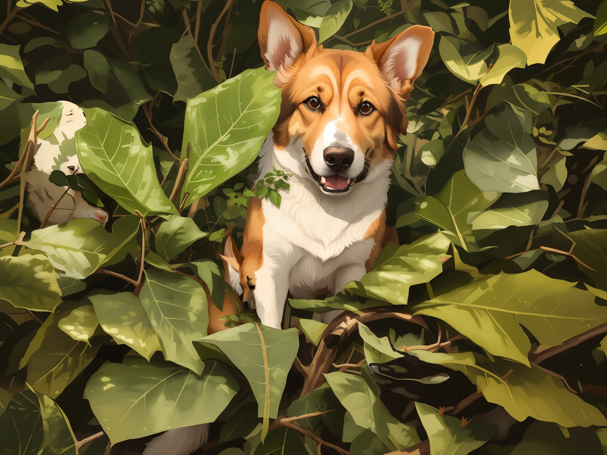 There is a dog that is sitting on the leaves, coberto de folhas, covered with fallen leaves, Arrefecimento em uma folha, abrigando-se sob uma folha, muitas folhas, Me ajuda, Mistura d, sentado em uma folha, Aussie, happy dog, Family photo, olhar alegre, um bonito, Pelo enlameado, atordoante!, sorrindo de cima
