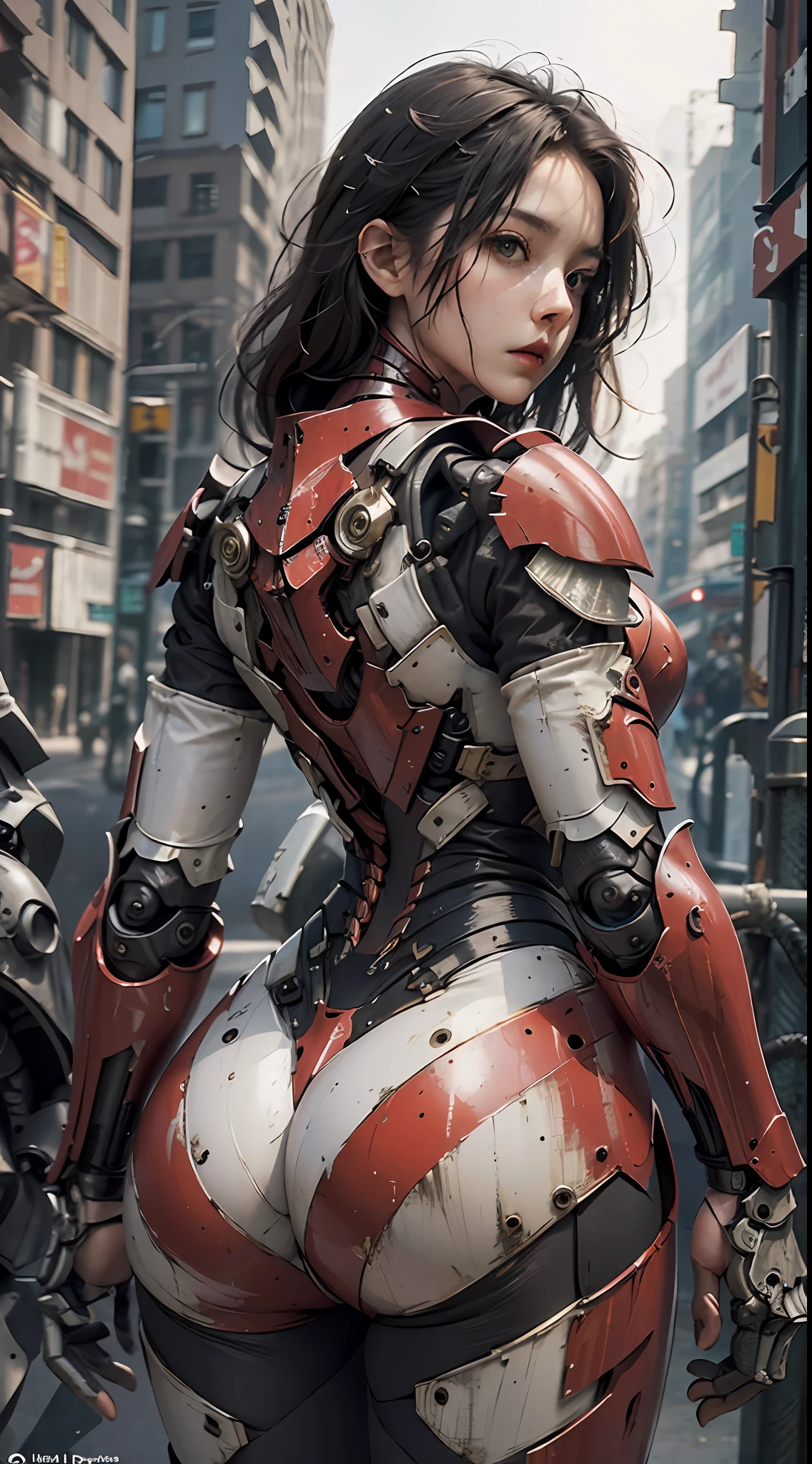 (Masterpiece), (Best quality), Photorealism, Realistic, Ultra detailed, Perfect face, Perfect body, 1girll, Beautiful girl, Girl in red armor, Mechanical armor, exoskeleton, Stand, Cool pose, Sexy, Watching from behind