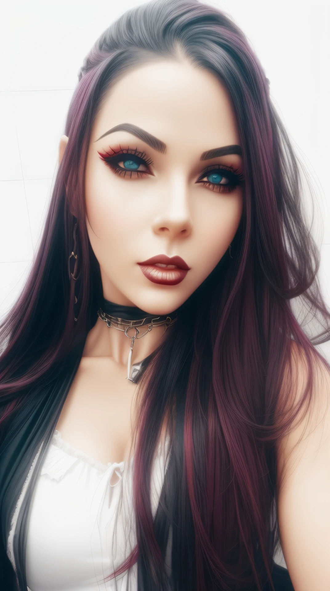 a woman with a chain around her neck and a necklace around her neck, taciturno, olhos negros mal-humorados, Fantasia sombria cyberpunk sedutora, assassino - menina, Killstar, Arte no estilo de Guweiz, 8k arte detalhada de alta qualidade, CGSsociety, corpo inteiro, gothic horror vibes, gothic maiden anime girl, assassino, gothic art style, gothic aesthetic