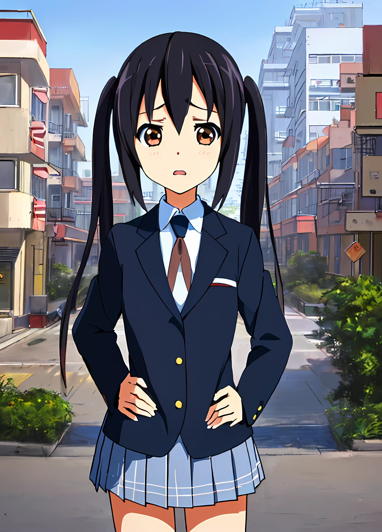 1girl, ((((Masterpiece))), Best Quality, Best Quality, High Detail, Azusa Nakano, 1girl, Sakuragaoka High School Uniform, Musical Instrument, School Uniform, Twin Tails, Long Hair, Black Hair, Brown Eyes, Solo, Red, Dark blue blazer with a thin ribbon of red, Solid white button shirt under blazer, Illustration, Cartoon, Soothing tones, Muted colors, Soft cinematic light, Adobe Lightroom, Photo Lab, HDR, complex and highly detailed, (((depth of field))))). (((Masterpiece))). (((highest quality))).) ((super detail))). (((Illustration))). (((外))).dynamic focus.small breasts. (((skyscrapers))). (((Cityscape))). (((Face of sadness))). open mouth. (((hands on hips))). (((Proud))).