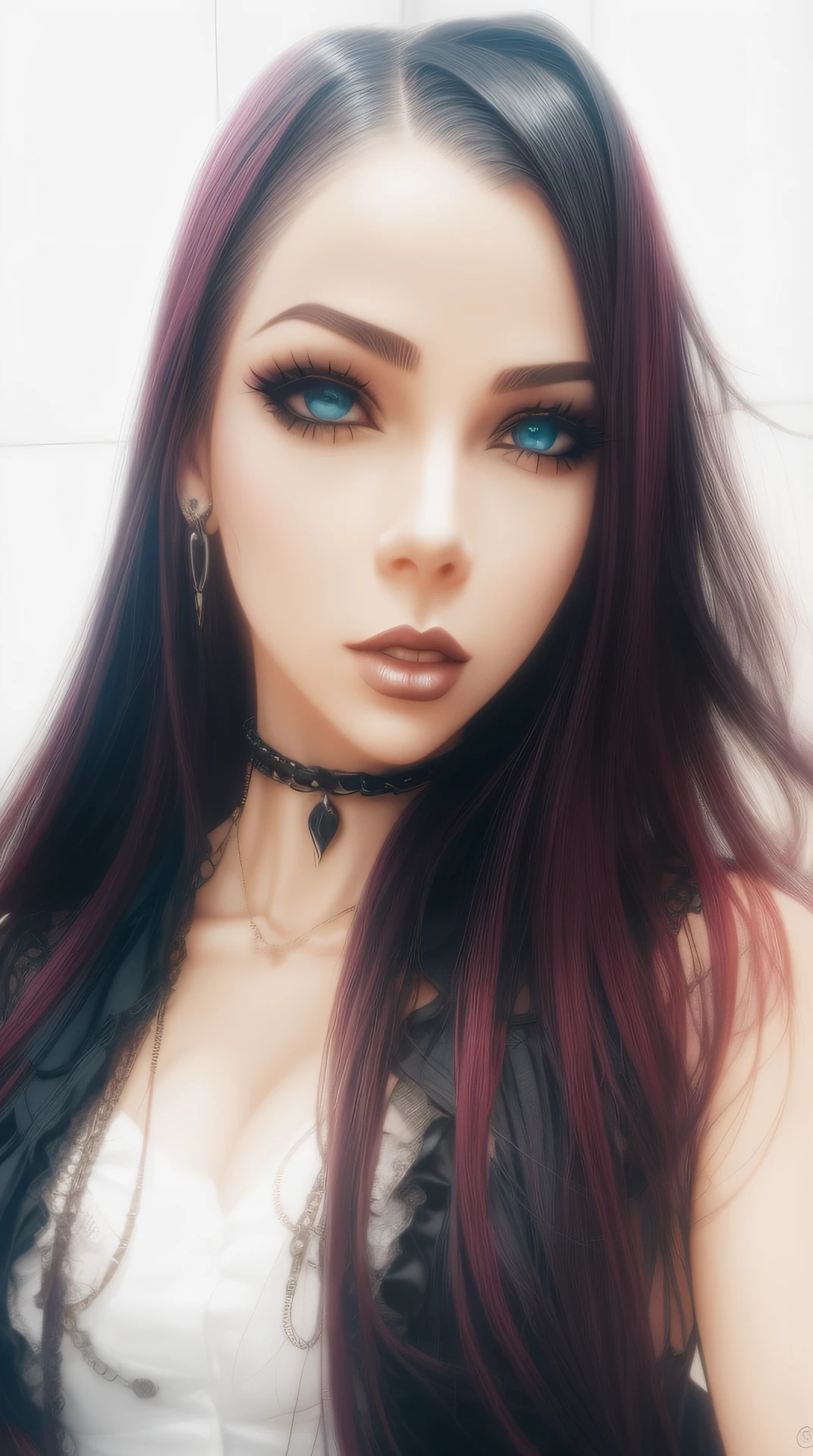 a woman with a chain around her neck and a necklace around her neck, taciturno, olhos negros mal-humorados, Fantasia sombria cyberpunk sedutora, assassino - , Killstar, Arte no estilo de Guweiz, 8k arte detalhada de alta qualidade, CGSsociety, corpo inteiro, gothic horror vibes, gothic maiden anime girl, assassino, gothic art style, gothic aesthetic