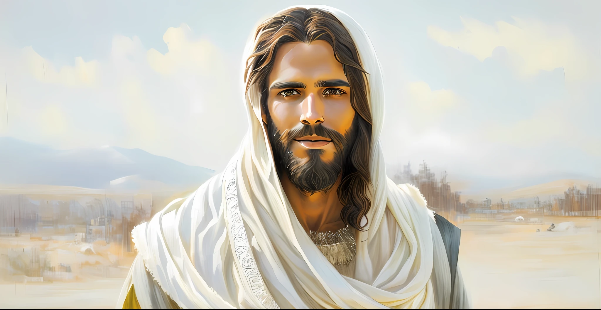 Man with beard and white shawl on his head, Jesus Christ, dressed as Jesus Christ, Jesus of Nazareth, face of Jesus, Greg Olsen, Jesus, Nicodemus, portrait of Jesus Christ, Lord and Savior, He is greeting you warmly.