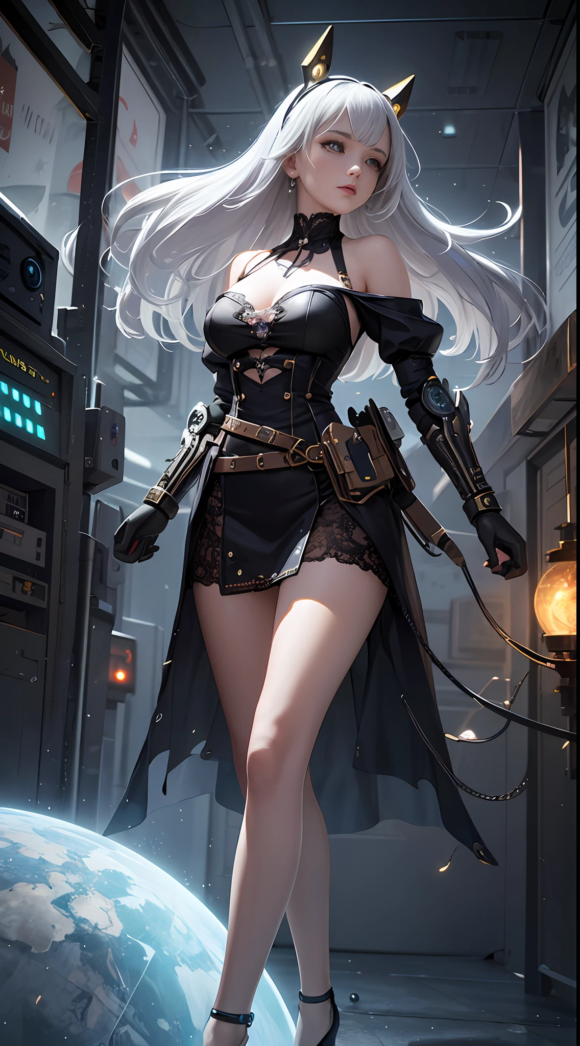 ((Best Quality)), ((Masterpiece)), (Details:1.4), 3D, android wizard girl, has a very large mechanical weapon, countless glowing large spheres flying around, lots of sparks that cross and splash, pose that invokes magic, dynamic action pose, spinning and flying celestial bodies, countless neon lights raining down from the heavens, very thin long legs, Lace stockings on the knees, steampunk headgear, fluttering lace flared miniskirts, off-the-shoulder fashion by fusing futuristic cyborgs with detailed and intricate steampunk and detailed gothic lolitas, upturned and beautiful little breasts, clean long silver hair, long vertical curly, wind driven, futuristic and complex steampunk factory background, cinematic lighting, HDR ( High Dynamic Range), Ray Tracing, NVIDIA RTX, Super Resolution, Unreal 5, Subsurface Scattering, PBR Texturing, Post-Processing, Anisotropic Filtering, Depth of Field, Maximum Clarity and Sharpness, Multilayer Textures, Albedo and Specular Maps, Surface Shading, Accurate Simulation Light Material Interaction, Perfect Proportions, Octane Rendering, Two-Tone Lighting, Wide Aperture, Low ISO, White Balance, Rule of Thirds, 8K RAW,