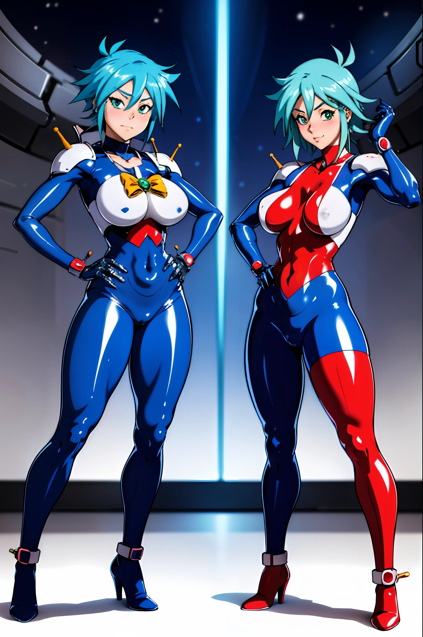 Two anime girls in latex posing for photos, biomechanical oppai, an oppai cyberpunk, Chic, vermillion and cyan, red and cyan, Anime Girls, oppai, cutesexyrobutts, oppai proportions, two beautiful anime girls, Ecchi anime style, Ecchi style,