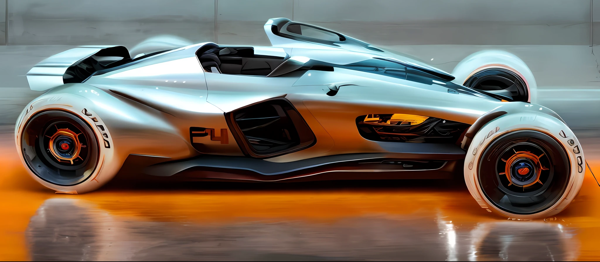 A closeup of a futuristic car with orange wheels on a wet surface, produto futurista carro tiro, sci-fi car, design conceitual futurista, futuristic vehicle, Conceito Cyberpunk inspirado em Jet, carro futurista, inspirado em Syd Mead, perfil do interceptor elegante, carro conceito futurista, muito futurista, Carro Bladerunner, carro conceito, futuristic vehicles, conceito de carro futurista