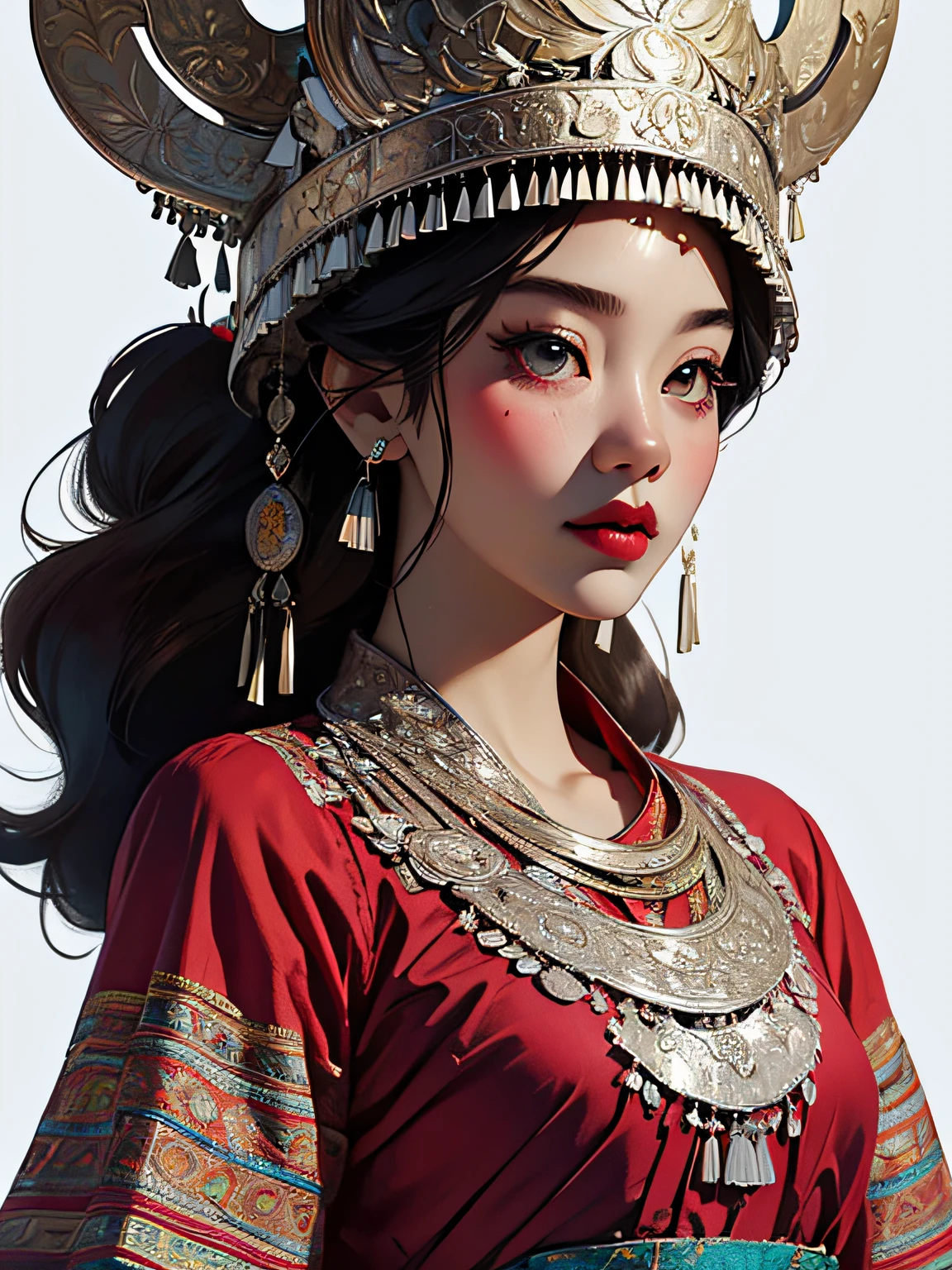 (illustration:1.3)Hmong girl in Hmong costume (by Artist Anna Dittman:1), (((Masterpiece))), (((Best quality))), ((Ultra-detailed)),(Detailed light),((An extremely delicate and beautiful)), Hmong,garments、head gear、耳Nipple Ring，with a pure white background，Cutout