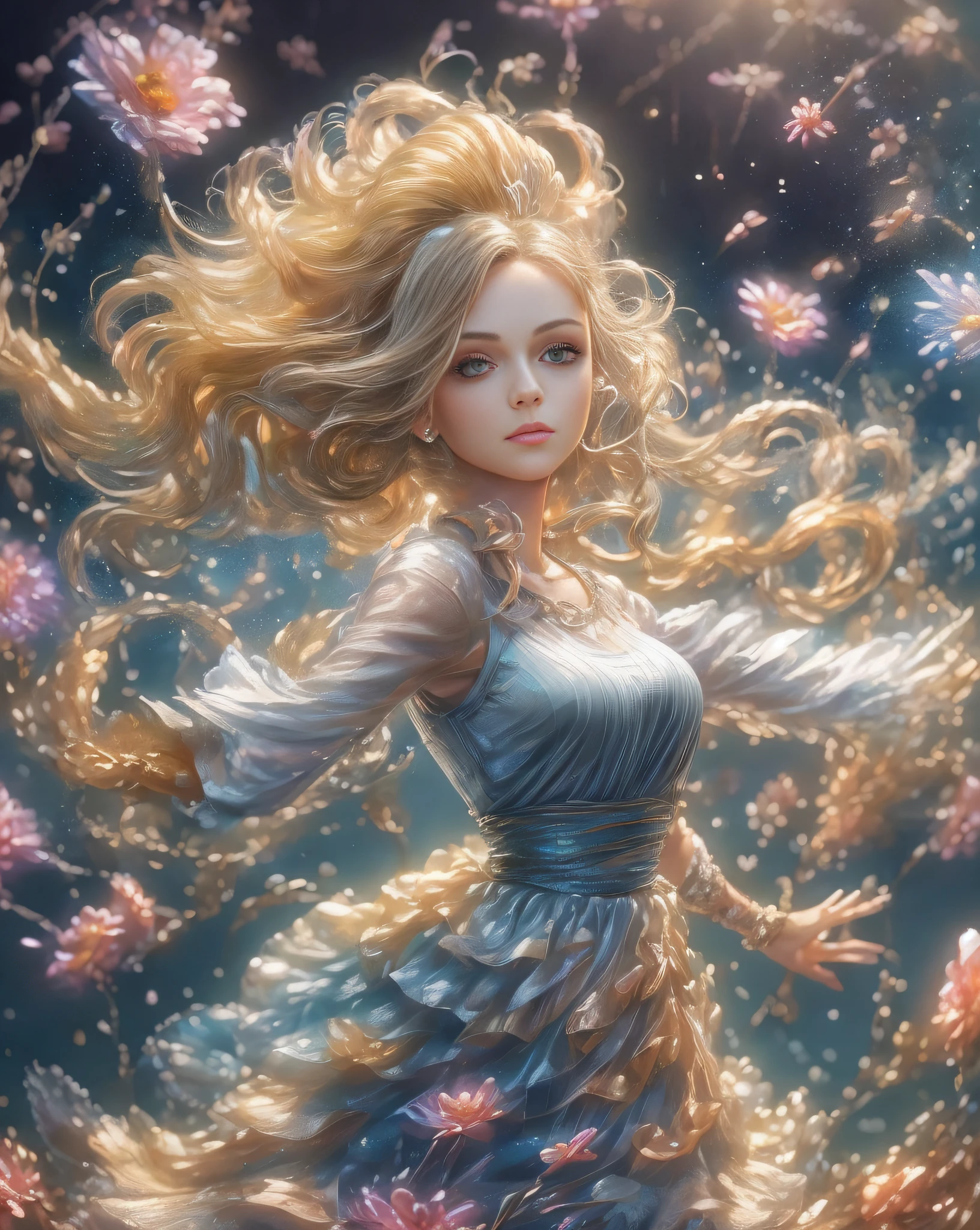 (best quality, masterpiece), young woman, pose, particle, wind, flower, upper body, simple background, looking at viewer, long curly windblown blonde hair, galaxy,backlit,rimlight,beautiful artwork,perfect composition