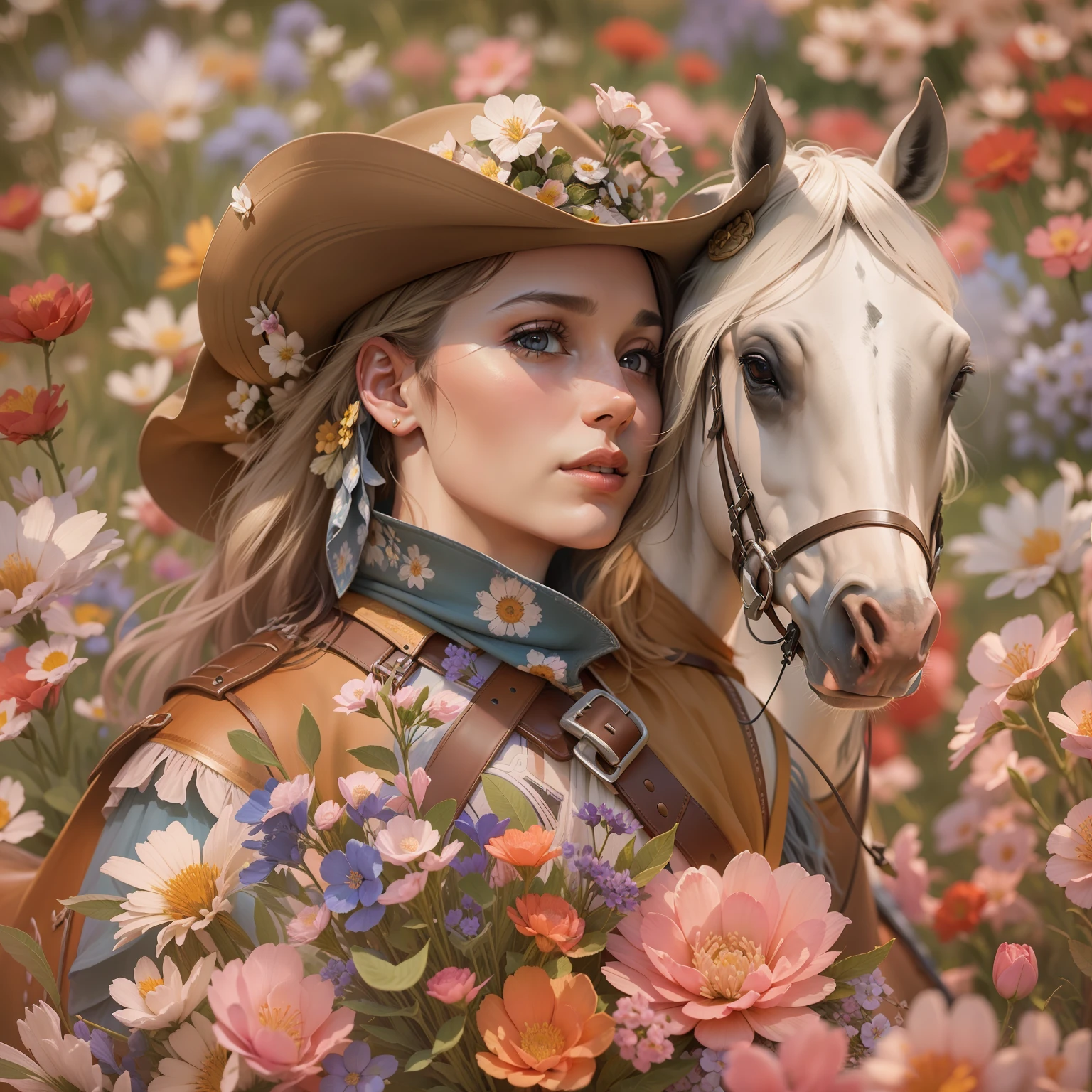 "An exquisitely detailed and lifelike portrait of a cowgirl elegantly mounted on a distinctive horse, traversing a picturesque meadow adorned with vibrant blossoms."