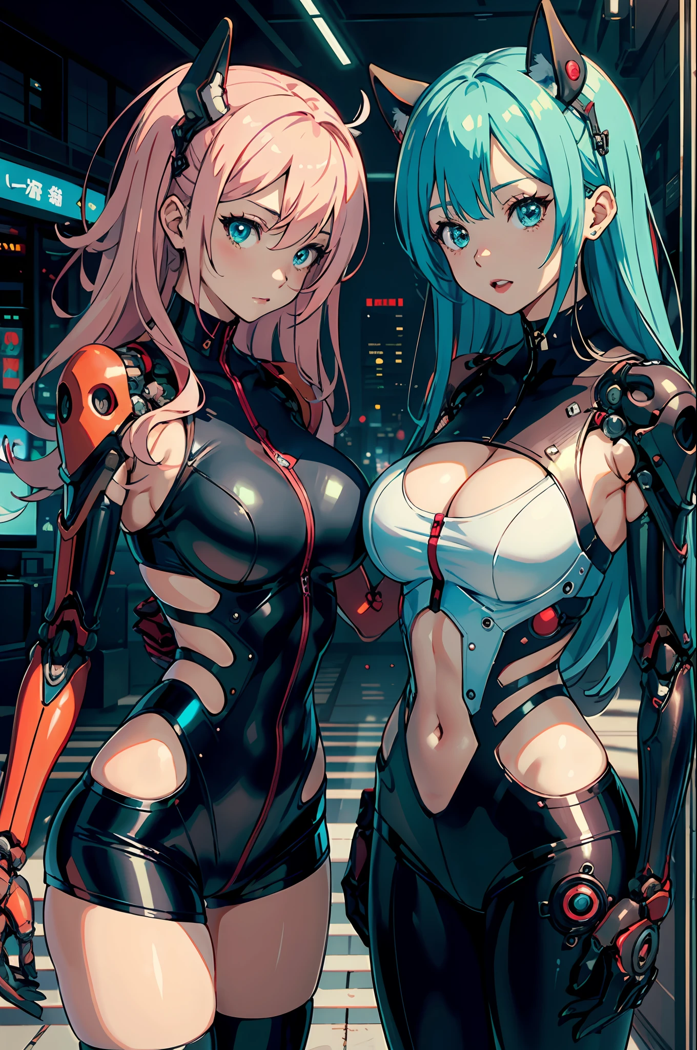 Two anime girls in latex posing for photos, biomechanical oppai, an oppai cyberpunk, Chic, vermillion and cyan, red and cyan, Anime Girls, oppai, cutesexyrobutts, oppai proportions, two beautiful anime girls, Ecchi anime style, Ecchi style,