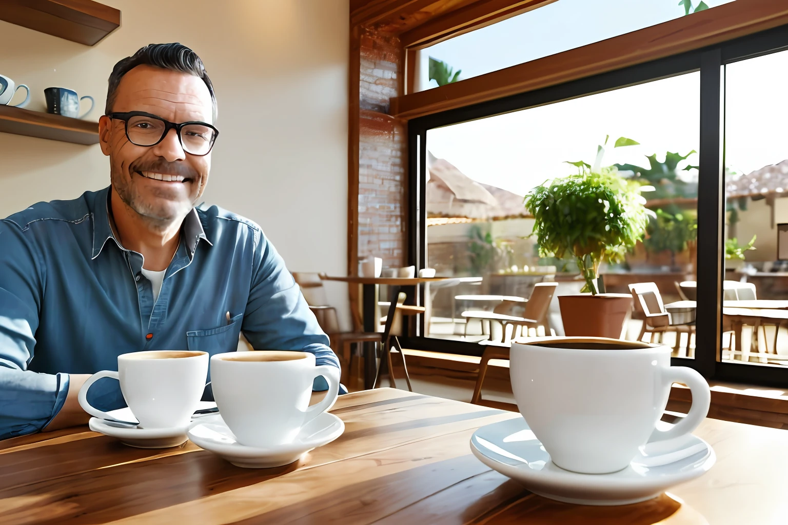 guttonerdjul23, ((best quality)), ((master part)): Um retrato realista de um homem de 45 anos com cabelos e olhos castanhos escuros, enjoying a cup of coffee in a lovely café. The café features an espresso machine on the counter and shelves with several cups of coffee and accessories. The rustic style of the café is enhanced by flower pots, and soft-lit filters through the side windows. The man's expression reflects his contentment as he drinks his coffee. The background is deftly blurred, Drawing attention to the main subject. eyelevel, Scenic, master part. UHD.