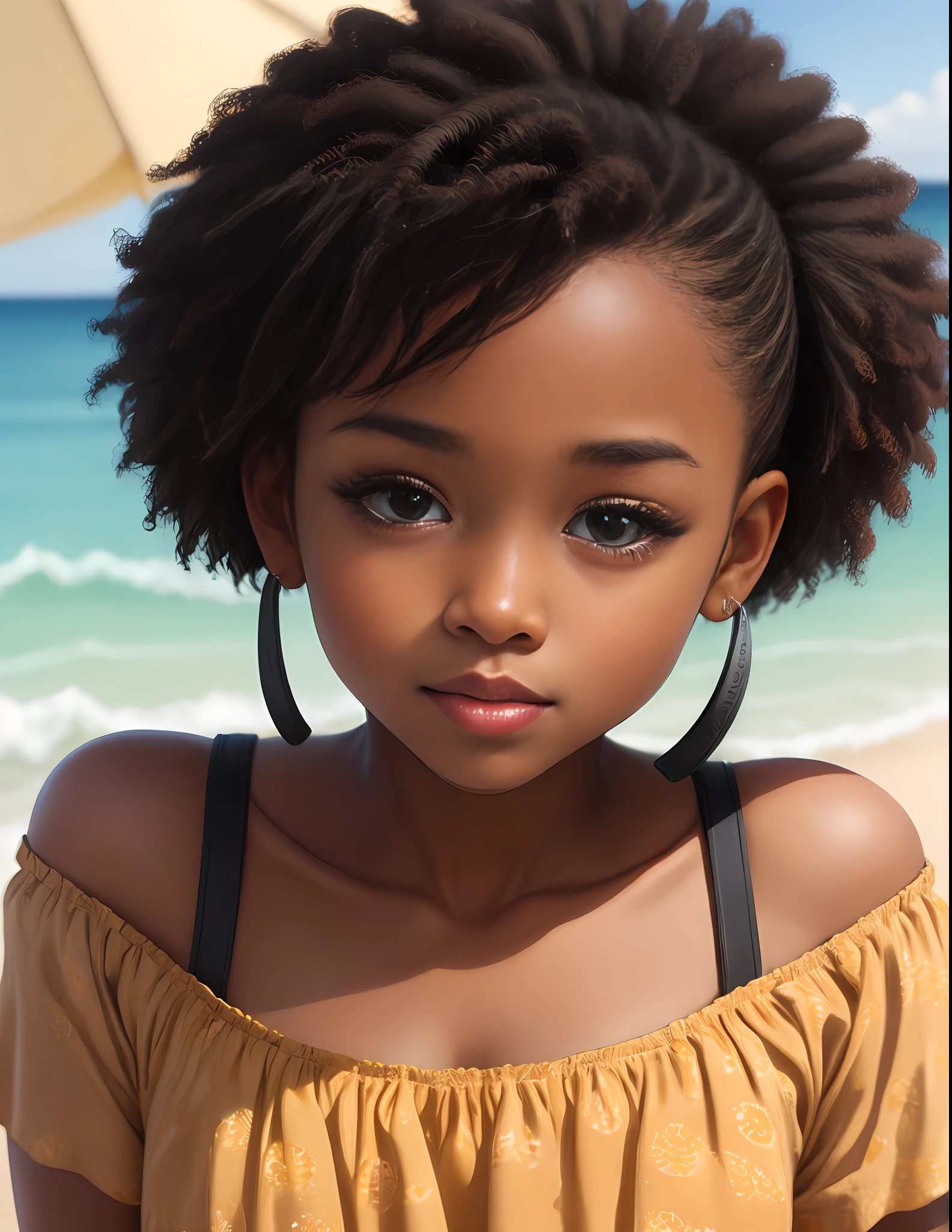 Lovely black beautiful girl with stuck sandy hair | Arte Chibi afro-americana | digital print | Print-on-demand, crisp art