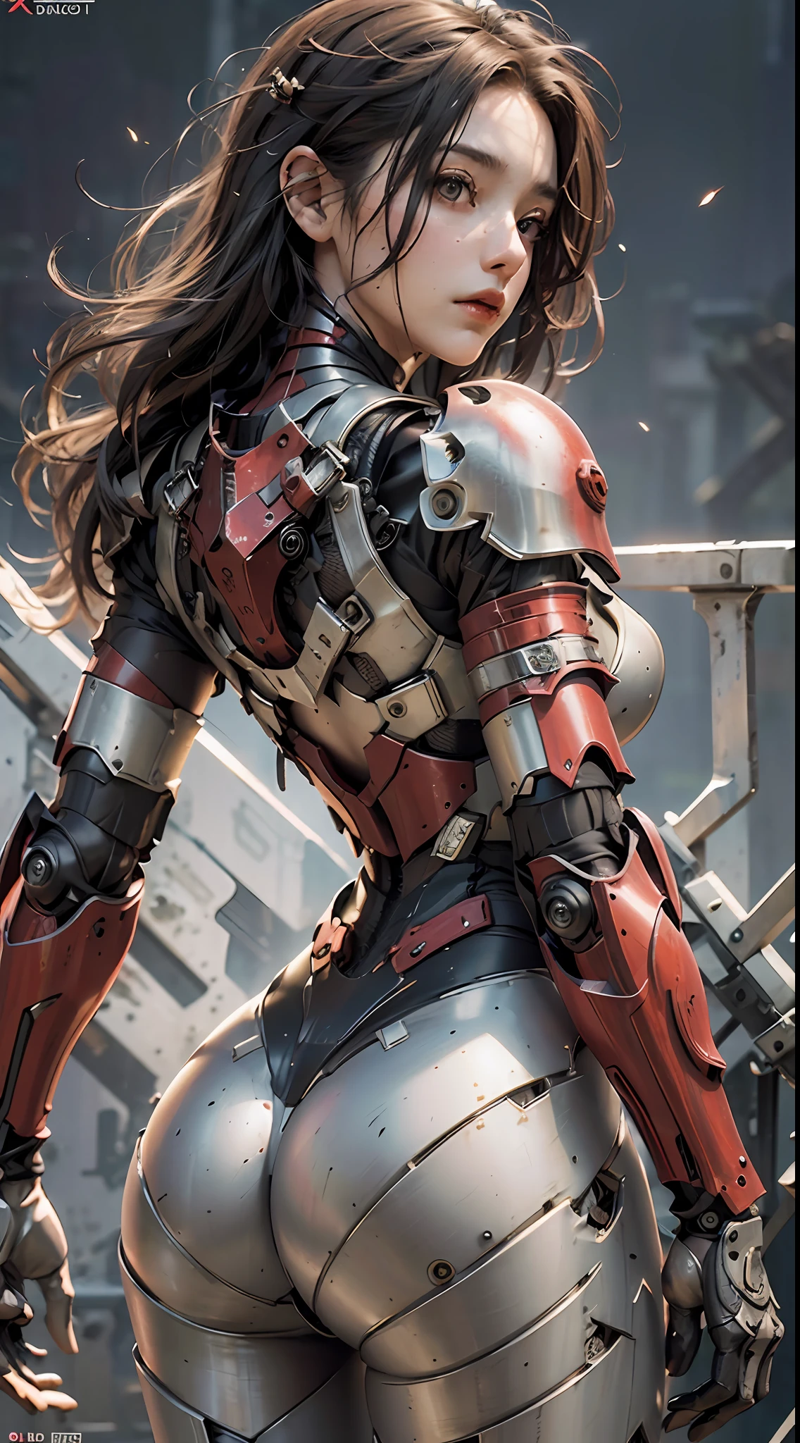 (Masterpiece), (Best quality), Photorealism, Realistic, Ultra detailed, Perfect face, Perfect body, 1girll, Beautiful girl, Girl in red armor, Mechanical armor, exoskeleton, Stand, Cool pose, Sexy, Watching from behind