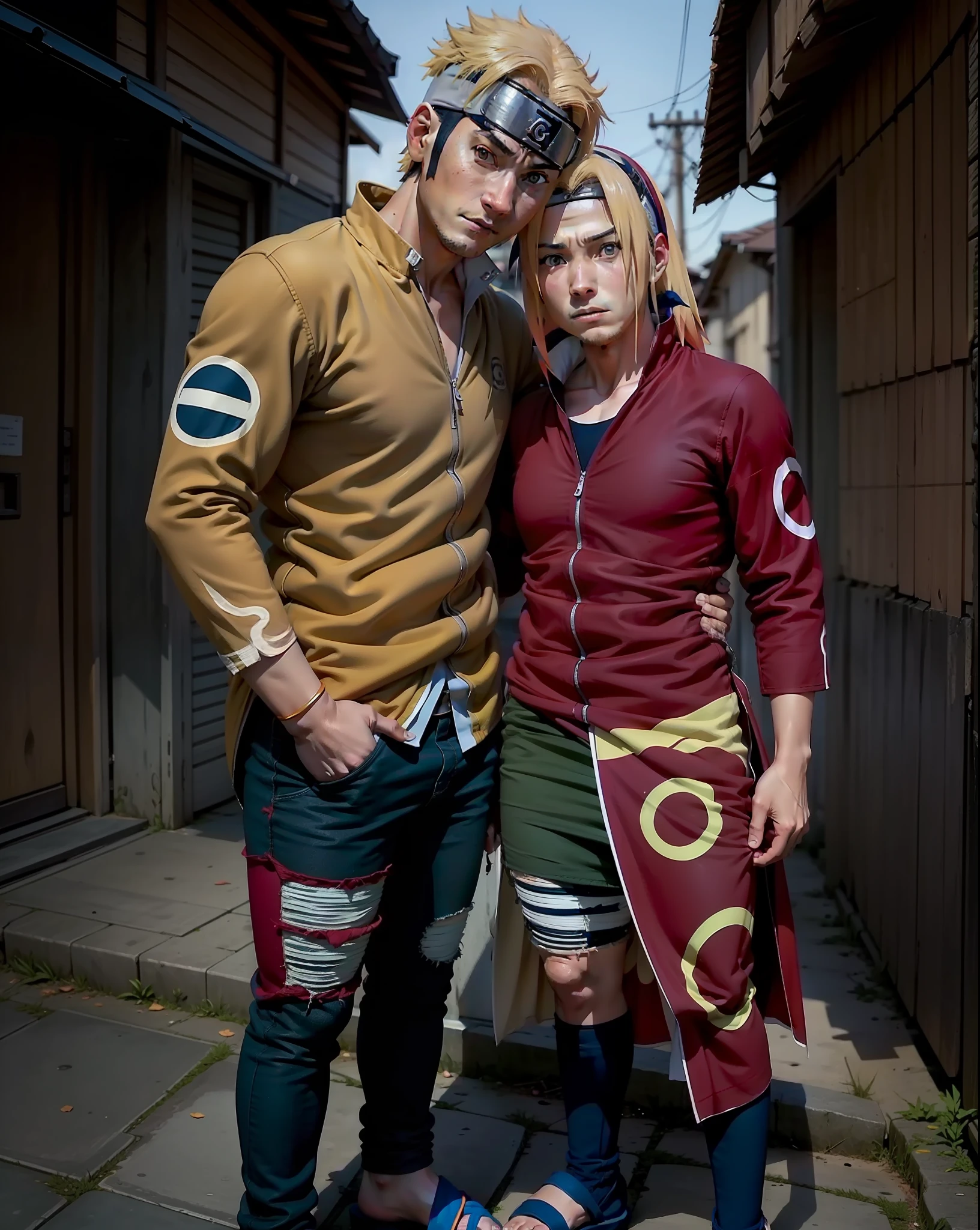 Naruto and Sakura's clothes with the headband, A vila de Naruto ao fundo.