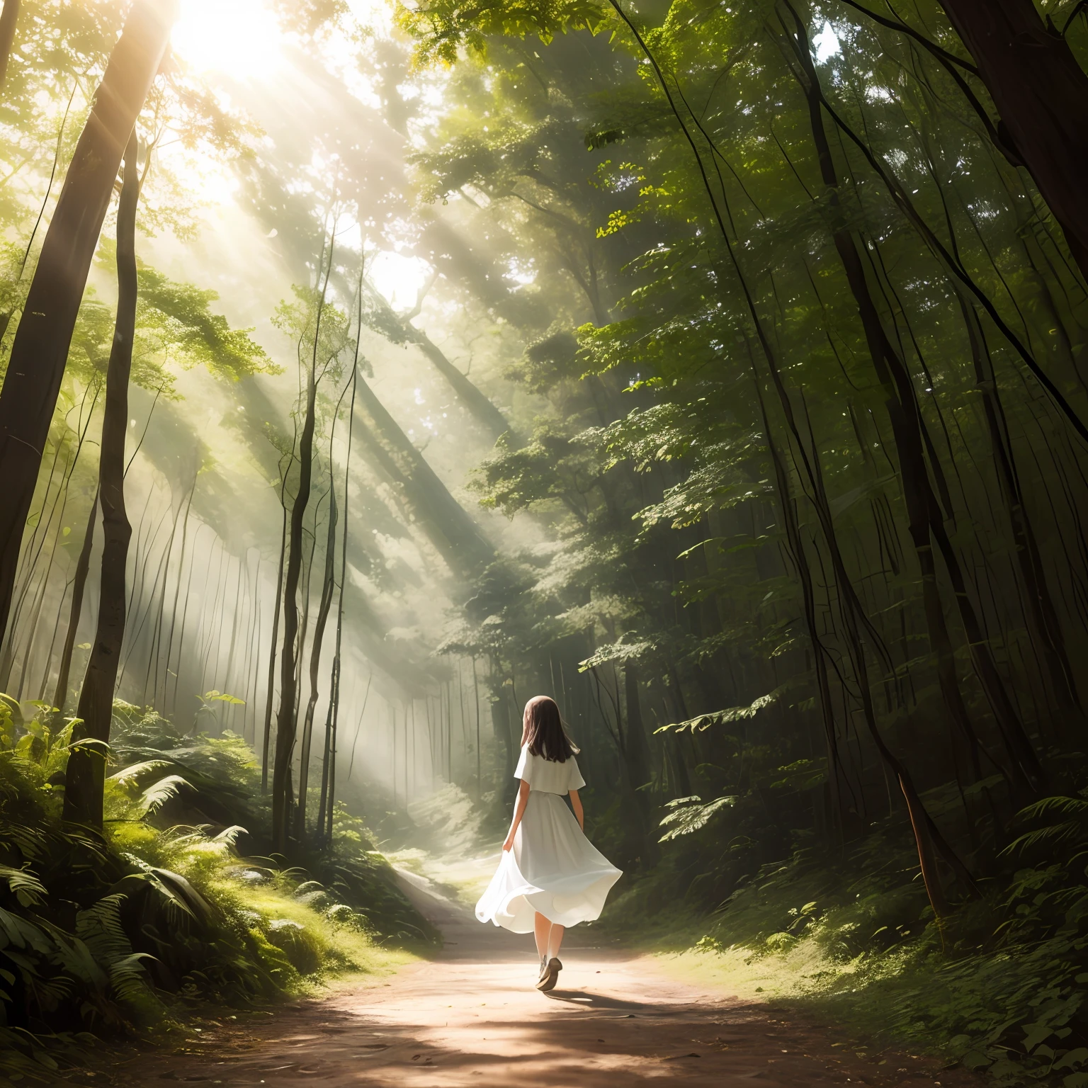 Girl wandering freely in the forest，sunlight passing through foliage，Fell on her pure white dress，Bloom with colorful light。16k --auto